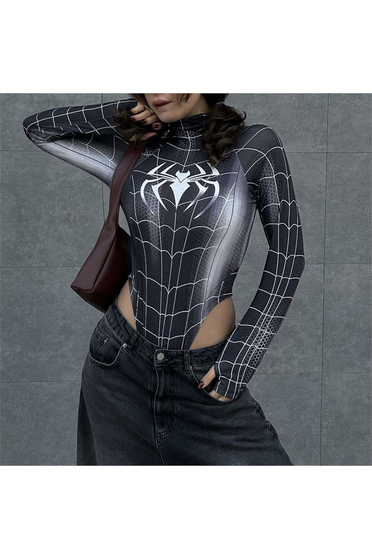 Siyah Spider Çıtçıtlı Uzun Kollu Body