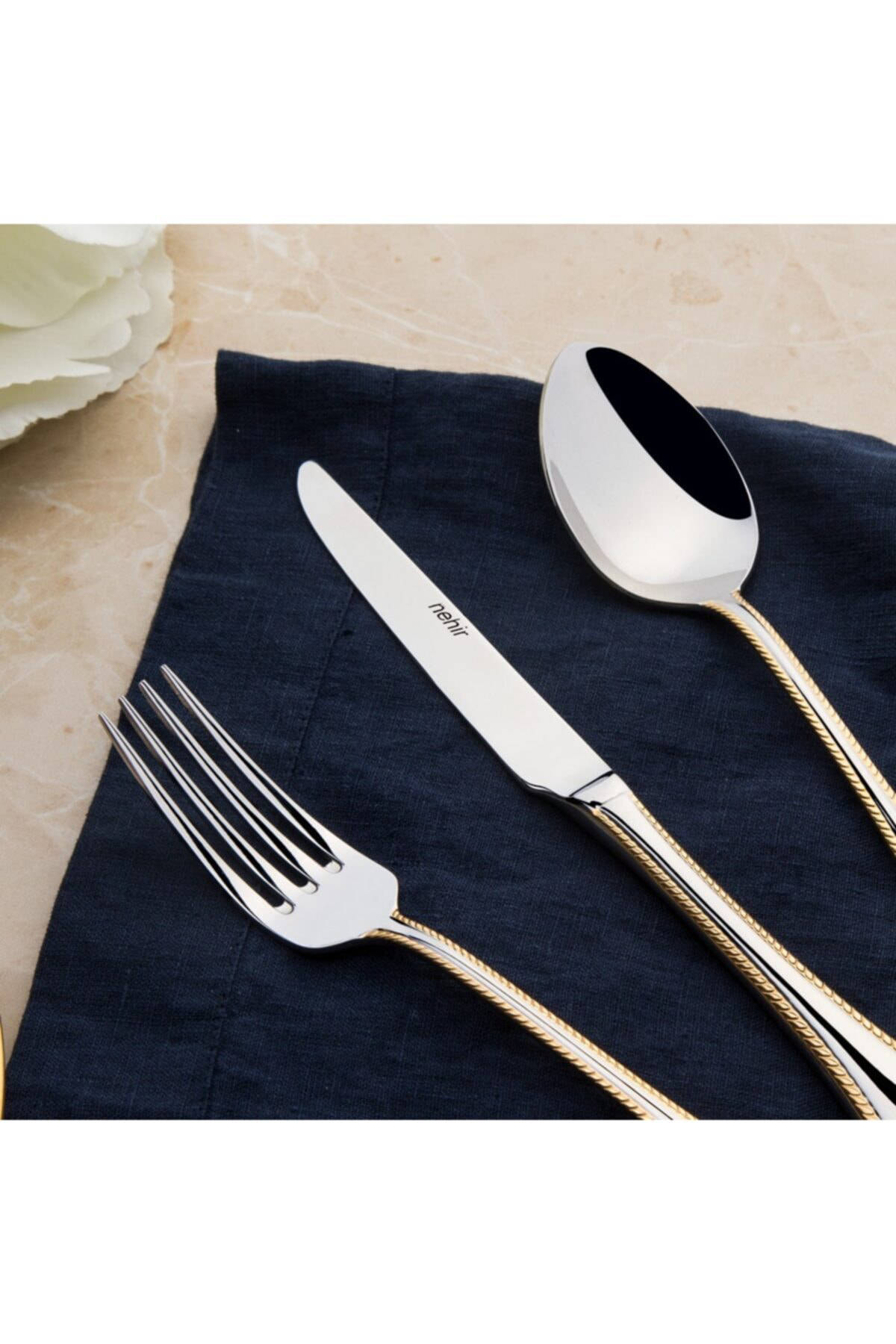 Nehir  Fulya Altın Sade 89 Parça Kutulu Çatal Kaşık Bıçak Takımı