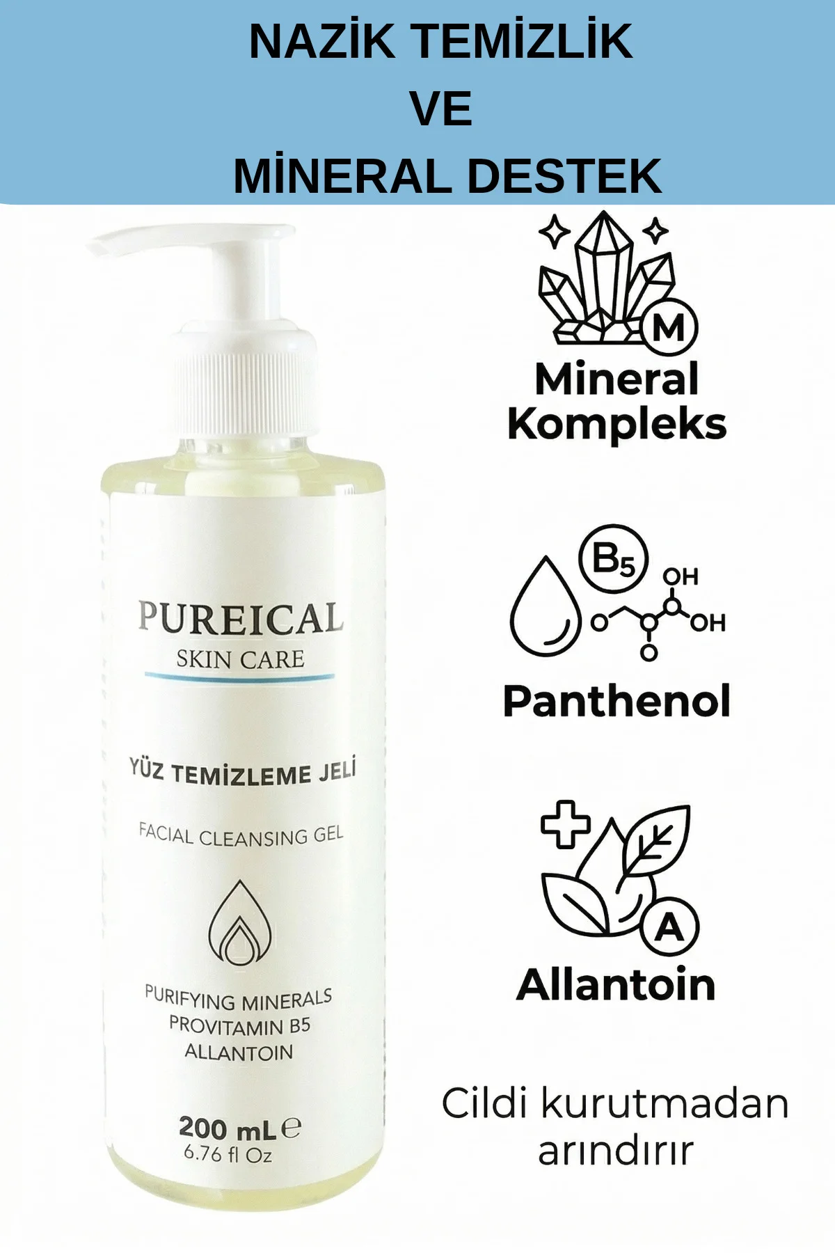 Nemlendirici Yüz Temizleme Jeli 200 ml, Panthenol, Allantoin & Mi