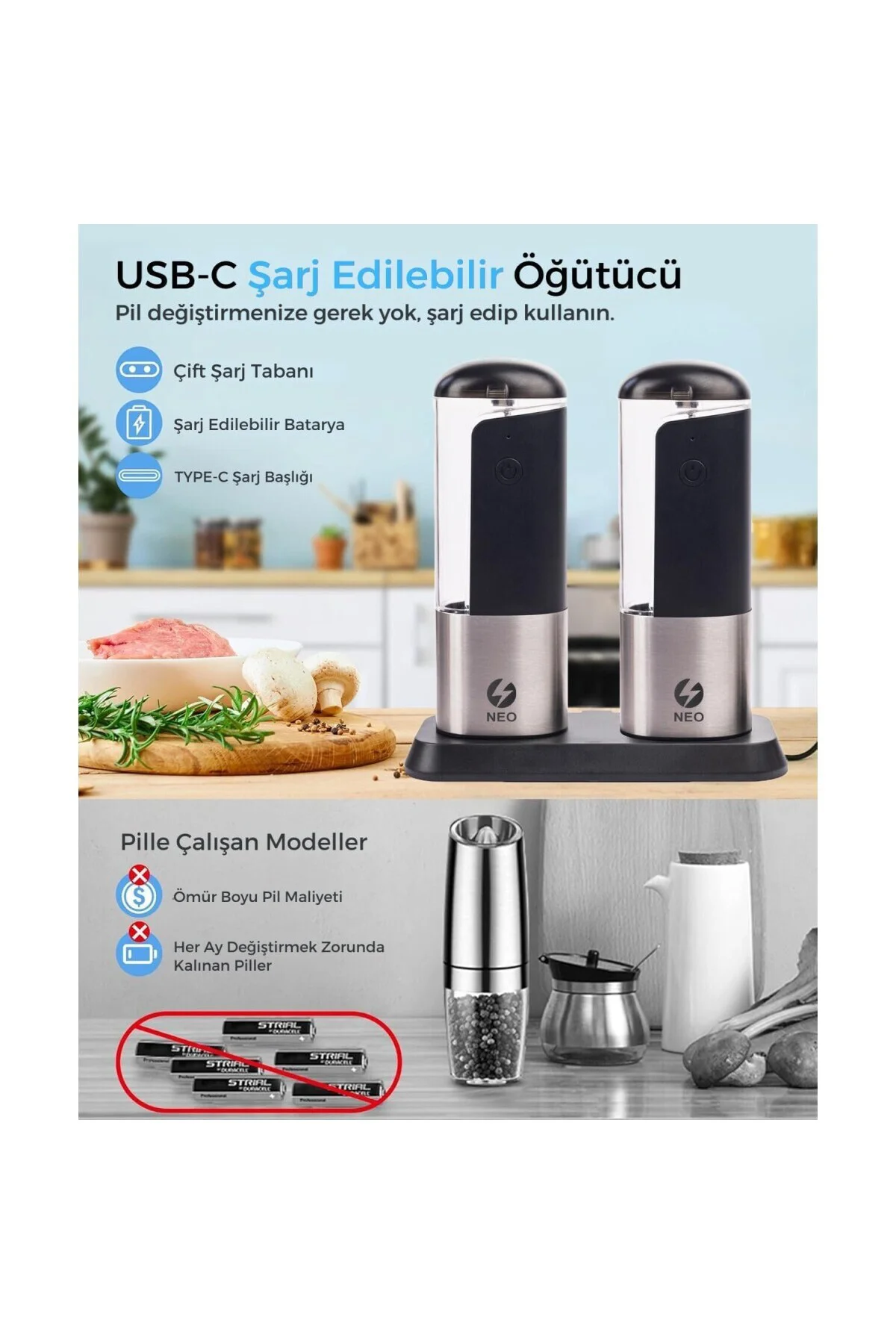 Neo Şarjlı Stantlı Karabiber, Tuz Öğütücü, Şarjlı Otomatik Tuz Öğ