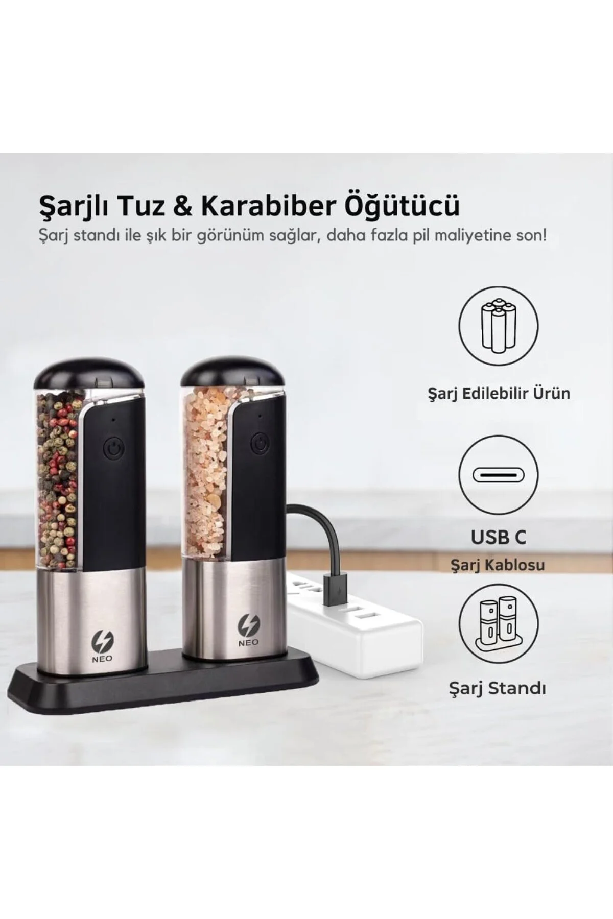 Neo Şarjlı Stantlı Karabiber, Tuz Öğütücü, Şarjlı Otomatik Tuz Öğ