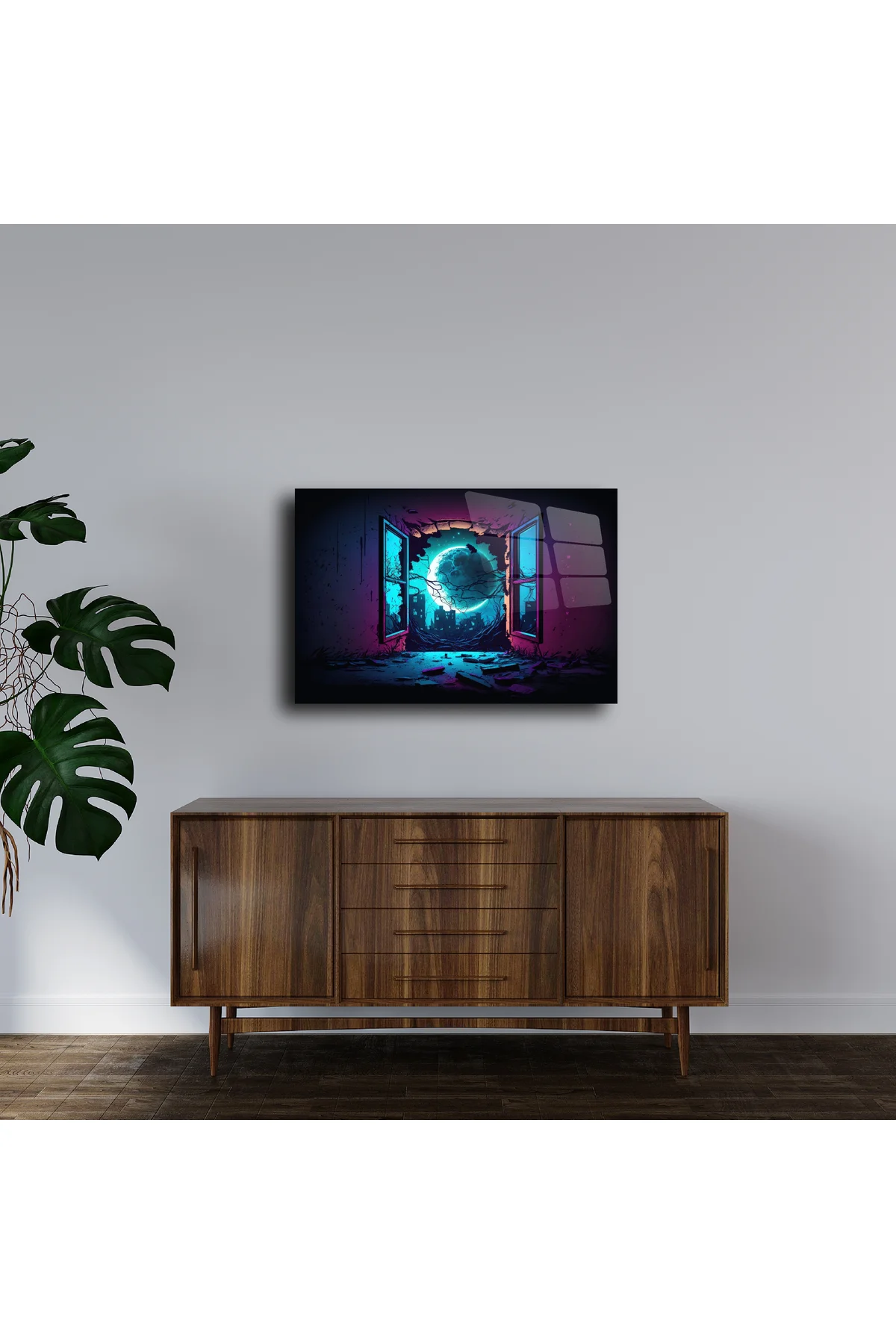 Neon Ay Manzaralı Fantastik Cam Tablo Neon Ay Manzaralı Fantastik Cam Tablo