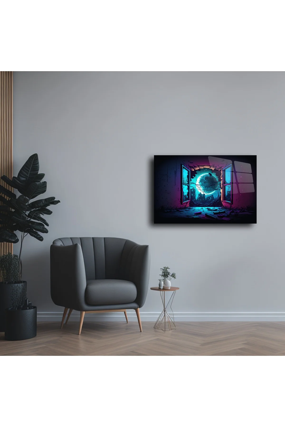 Neon Ay Manzaralı Fantastik Cam Tablo Neon Ay Manzaralı Fantastik Cam Tablo