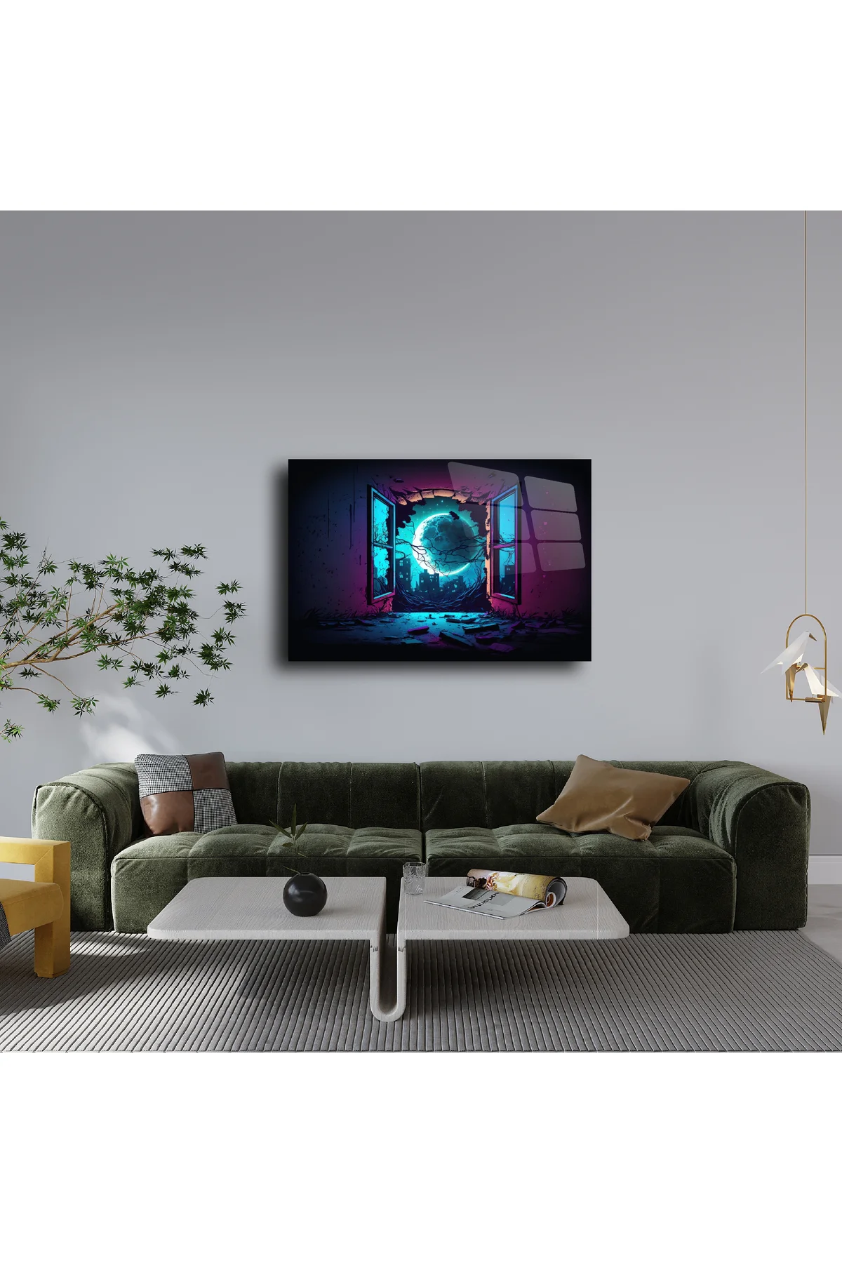 Neon Ay Manzaralı Fantastik Cam Tablo Neon Ay Manzaralı Fantastik Cam Tablo
