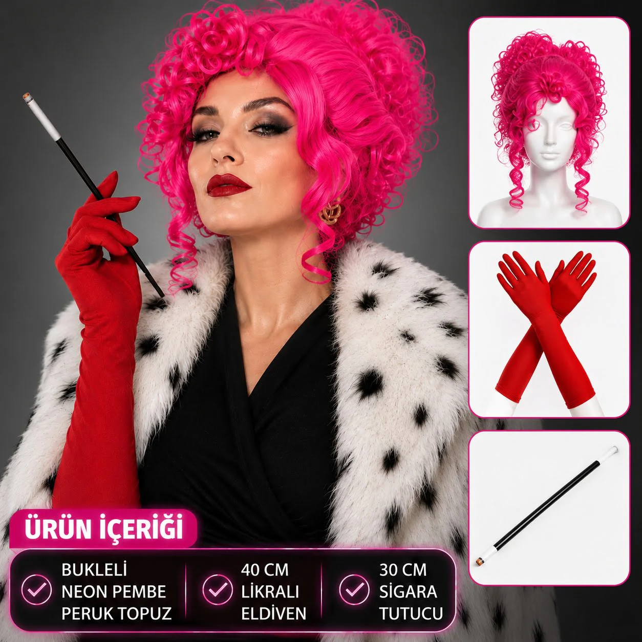 Neon Bukleli Pembe Peruk Uzun Kumaş Kırmızı Eldiven ve Tutucu Seti (3 Parça) Fiyatı, Yorumları ve Özellikleri