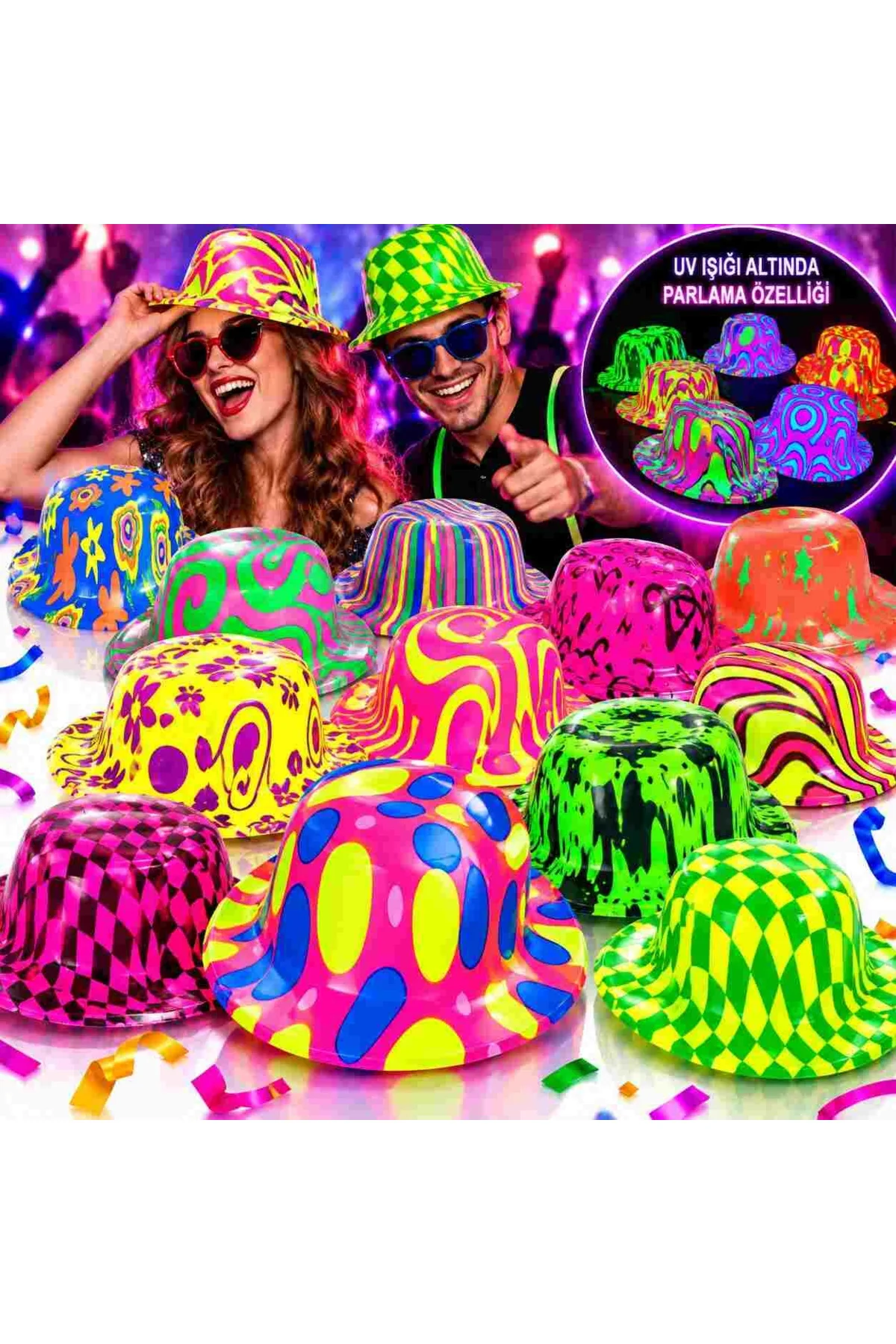 Neon Desenli Uv Işıkta Parlayan Parti Şapkası – Karışık 1 Adet Neon Desenli Uv Işıkta Parlayan Parti Şapkası – Karışık 1 Adet