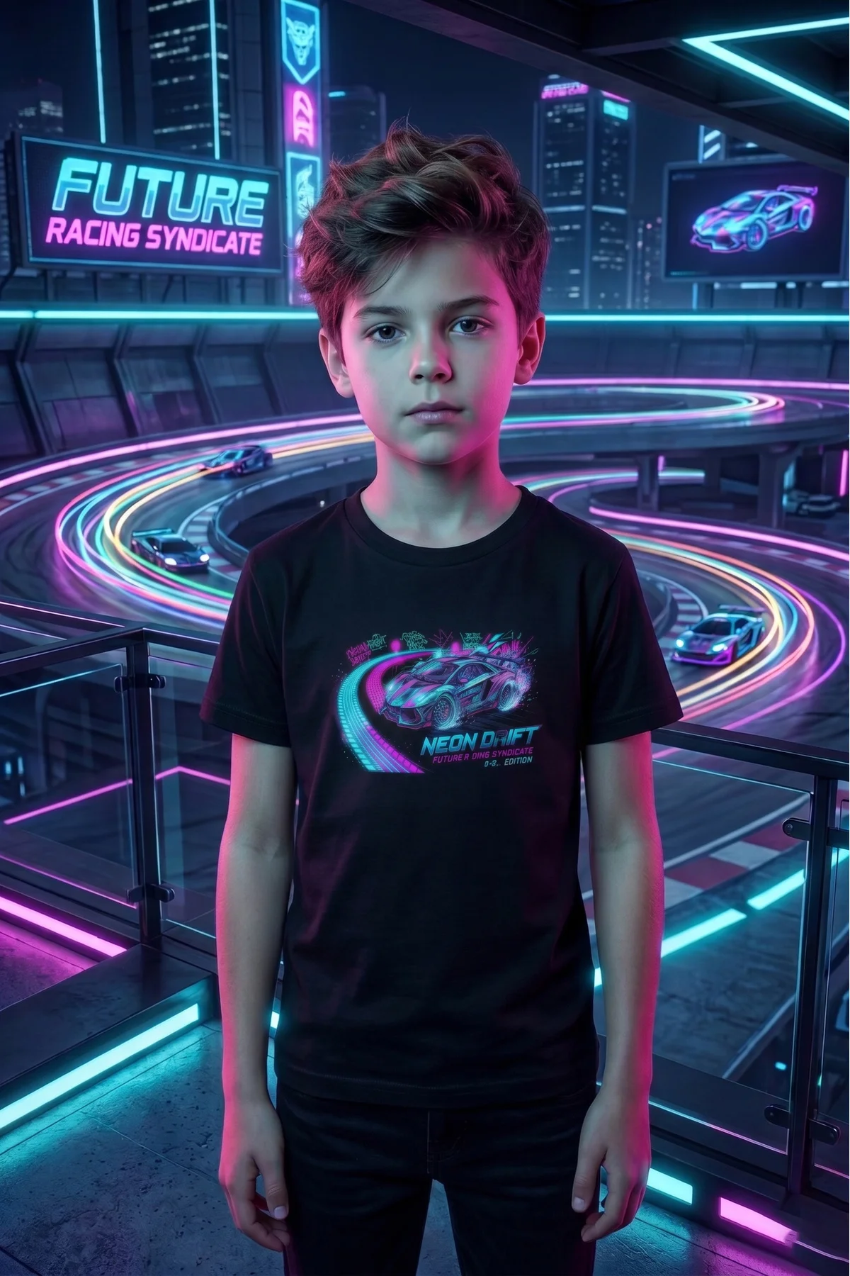 Neon Drift Yarış Arabası Temalı Siyah Erkek Çocuk Tişört - Özel T