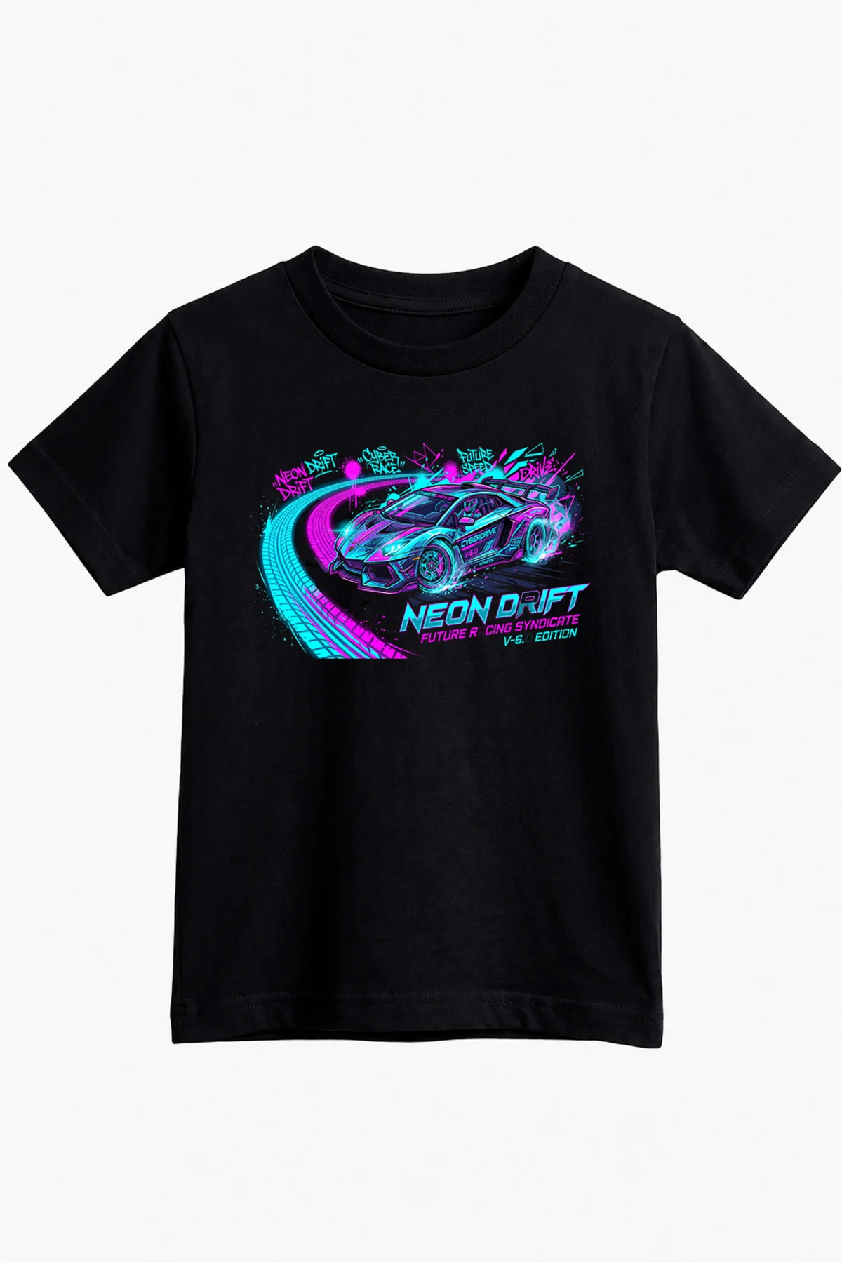 Neon Drift Yarış Arabası Temalı Siyah Erkek Çocuk Tişört - Özel T