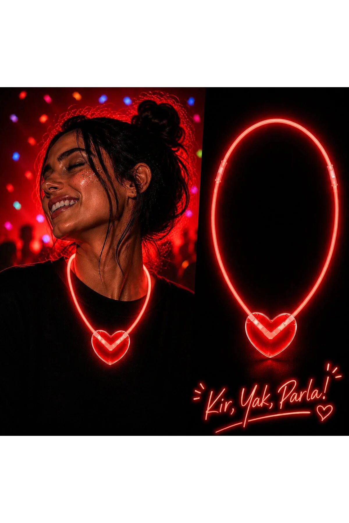 Neon Işıklı Fosforlu Kalp Parti Kolyesi Kırmızı Renk