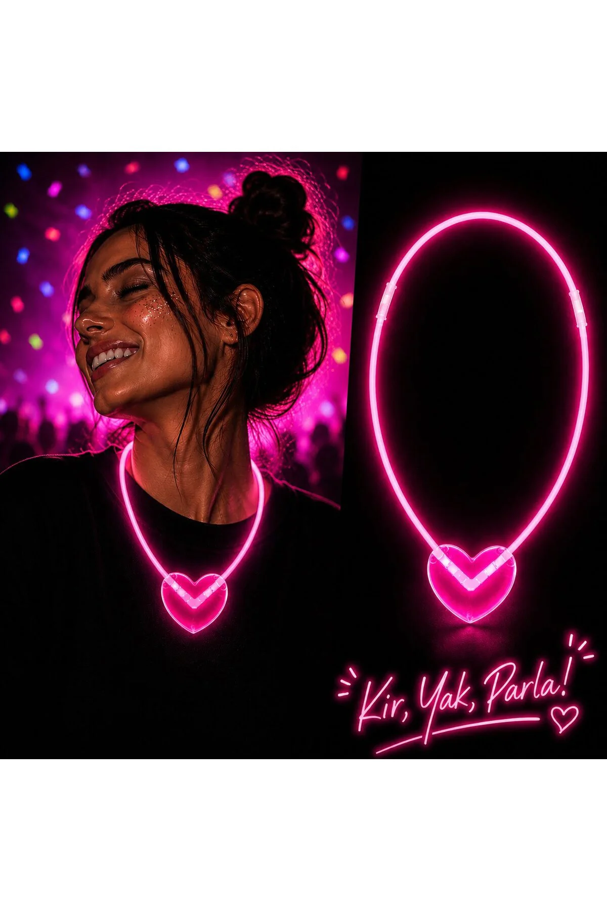 Neon Işıklı Fosforlu Kalp Parti Kolyesi Pembe Renk