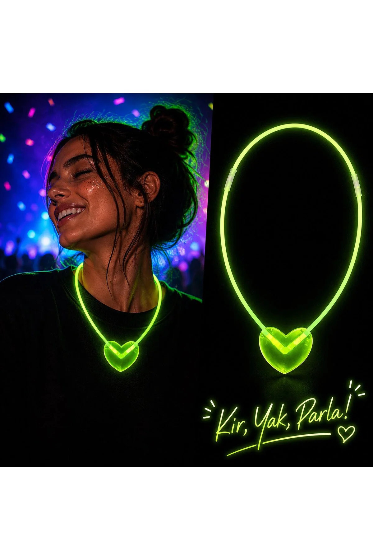 Neon Işıklı Fosforlu Kalp Parti Kolyesi Yeşil Renk