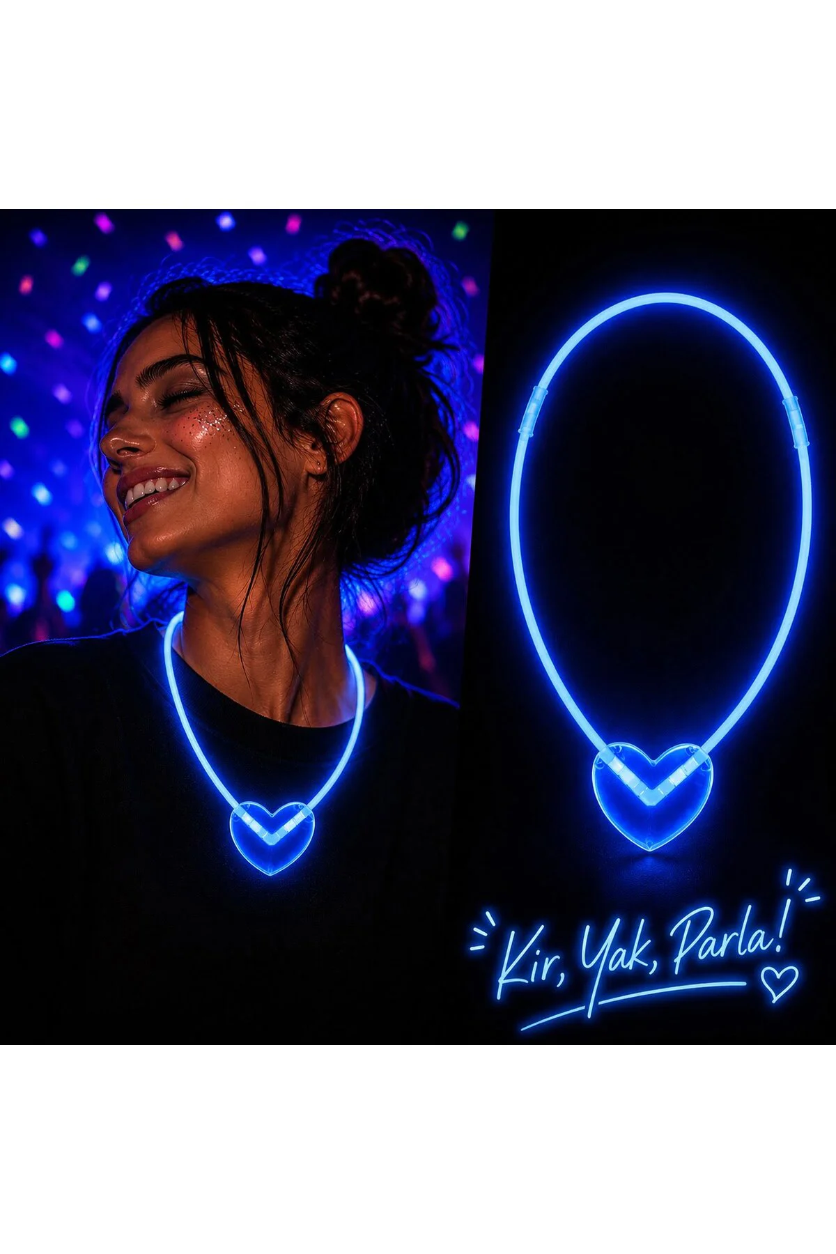 Neon Işıklı Fosforlu Kalp Parti Kolyesi Mavi Renk