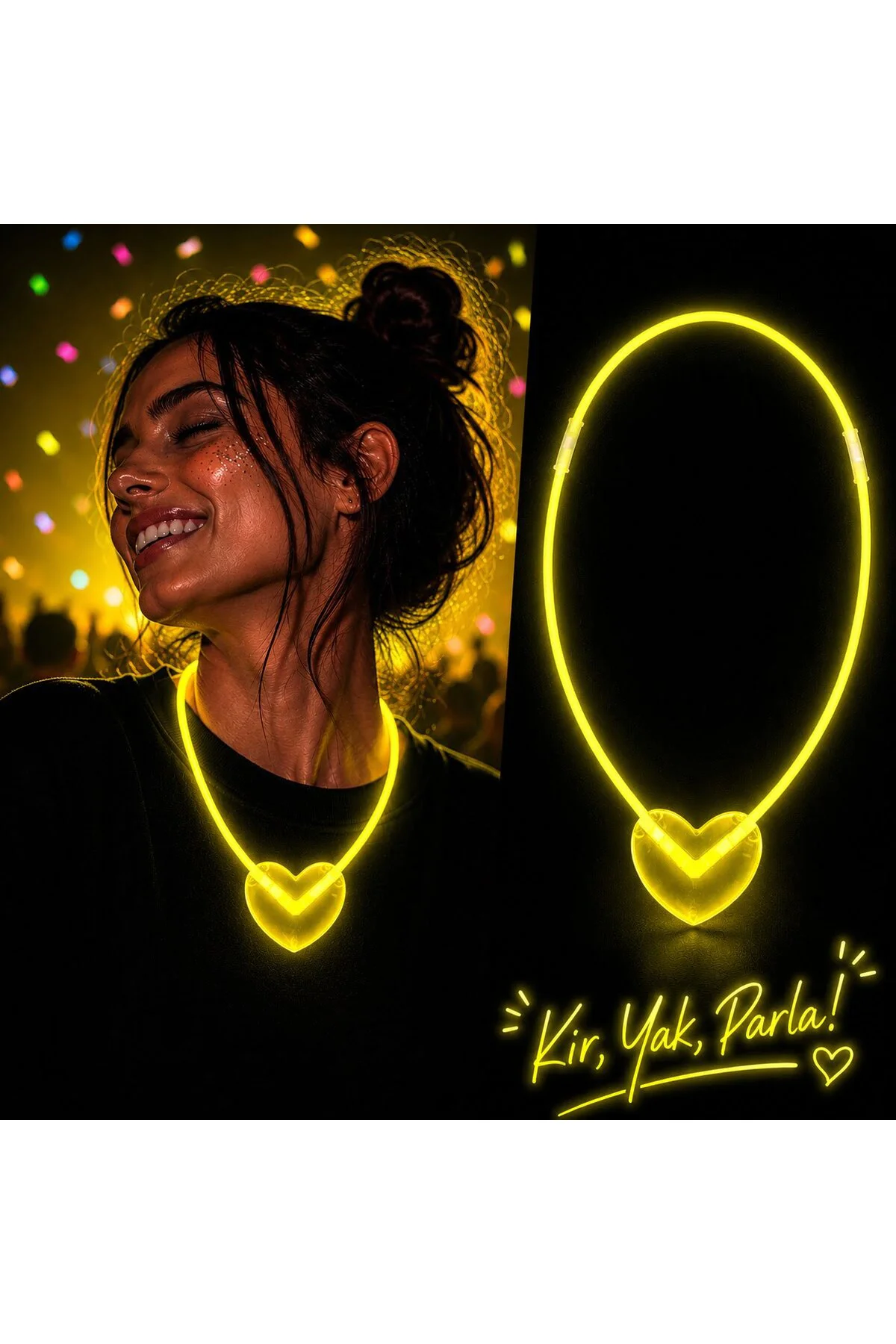 Neon Işıklı Fosforlu Kalp Parti Kolyesi Sarı Renk