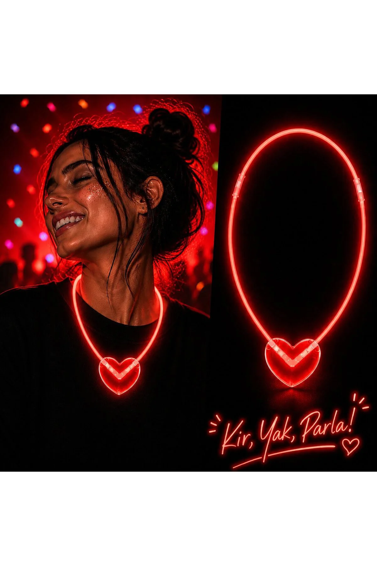 Neon Işıklı Fosforlu Kalp Parti Kolyesi Kırmızı Renk