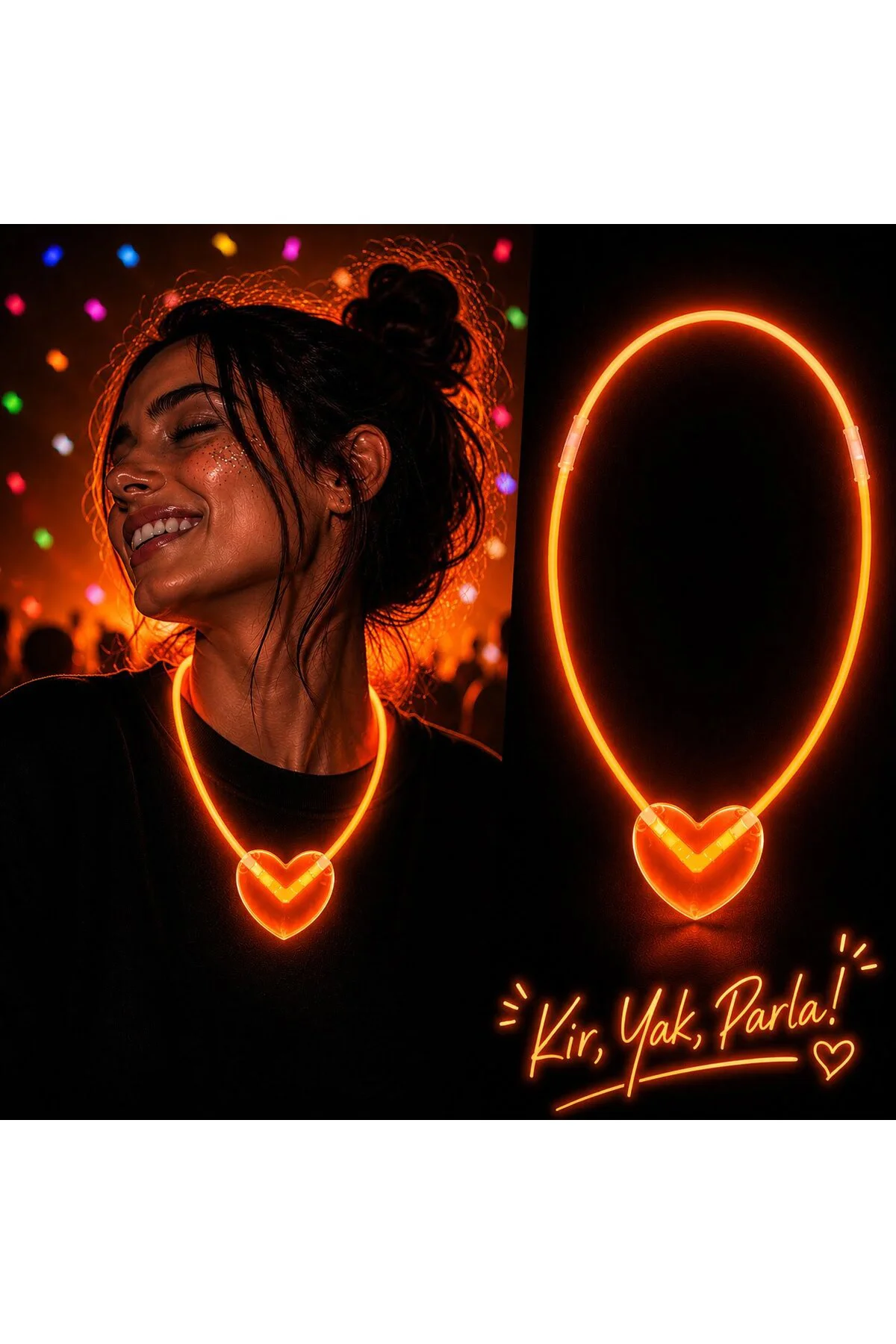 Neon Işıklı Fosforlu Kalp Parti Kolyesi Turuncu Renk