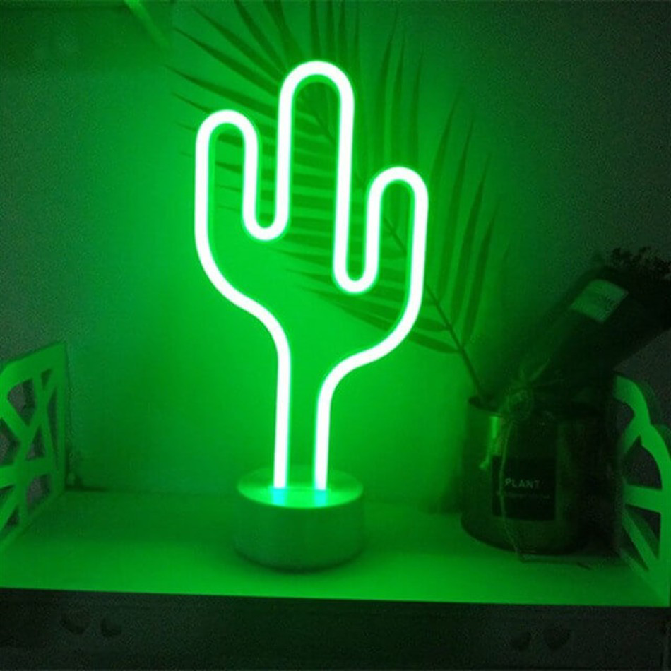 Neon Işıklı Kaktüs Masa Gece Lambası - USB ve Pilli, Yeşil Neon I