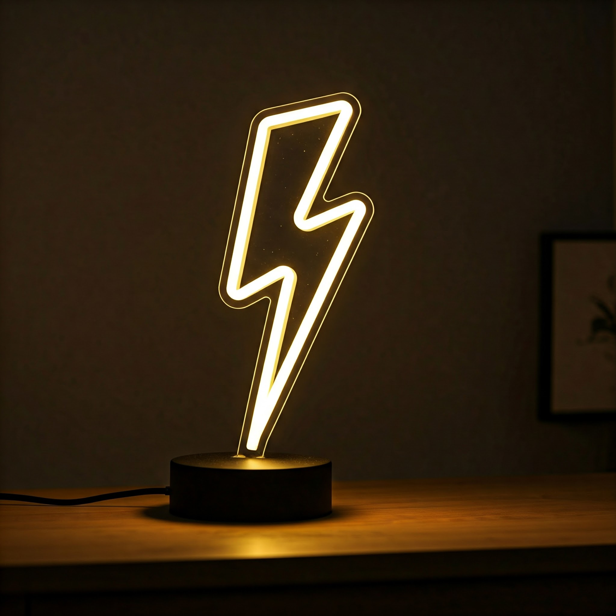 Neon Işıklı Şimşek Gece Lambası - USB ve Pilli, Sarı Neon Işıklı,