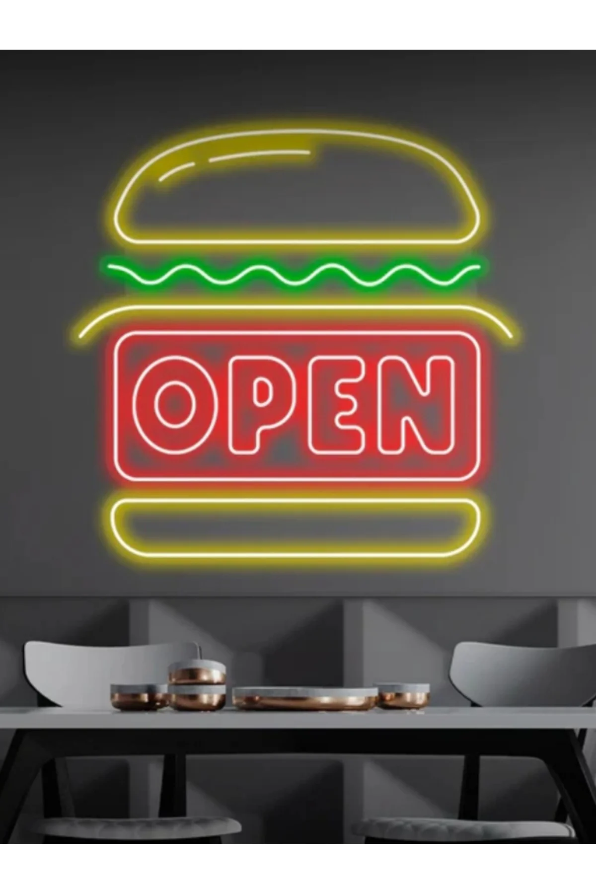 NEON LED IŞIKLI BURGER HAMBURGER OPEN AÇIK RESTORAN CAFE