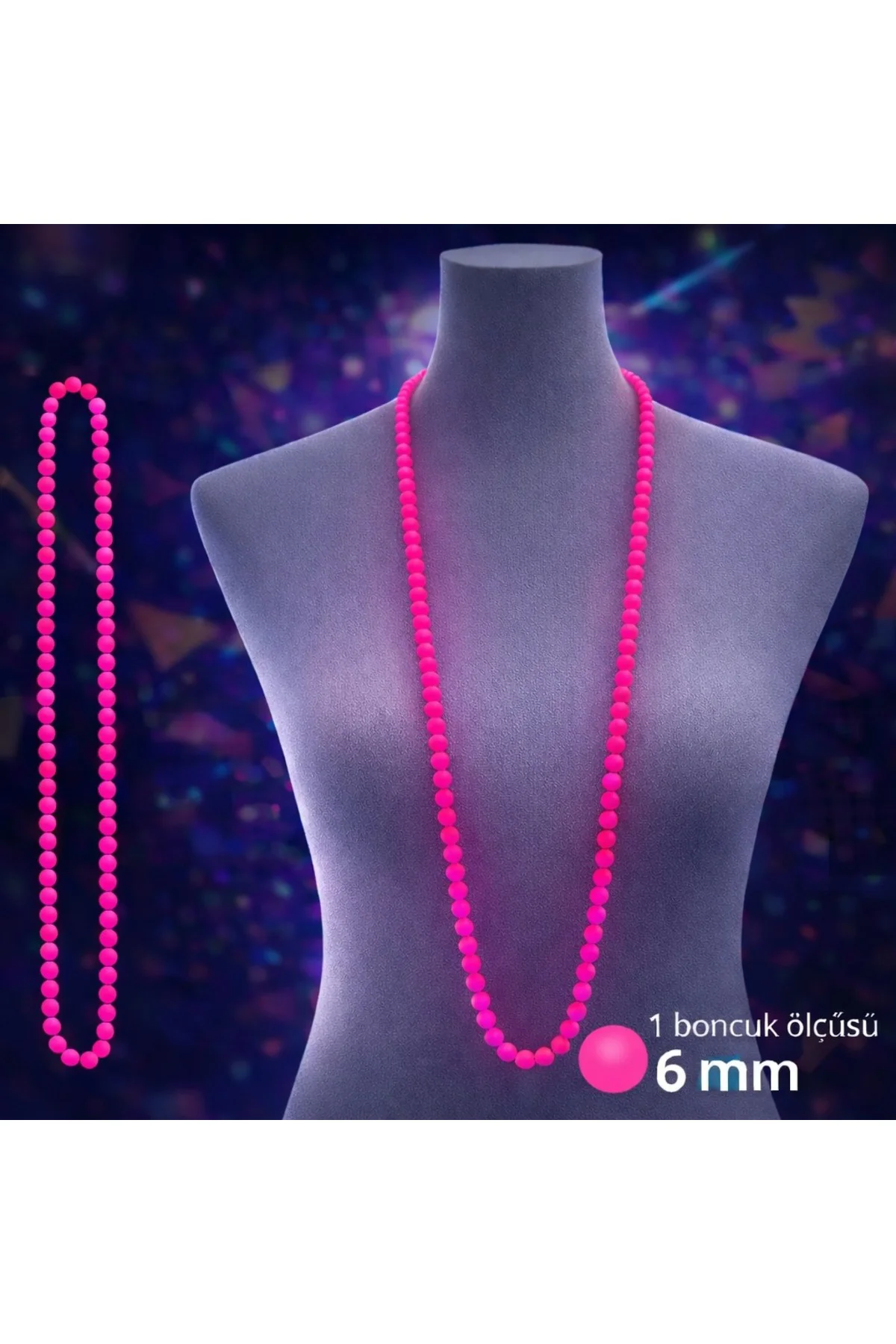 Neon Pembe Boncuk Kolye 80 cm – Retro 80’ler 90’lar Parti Aksesua