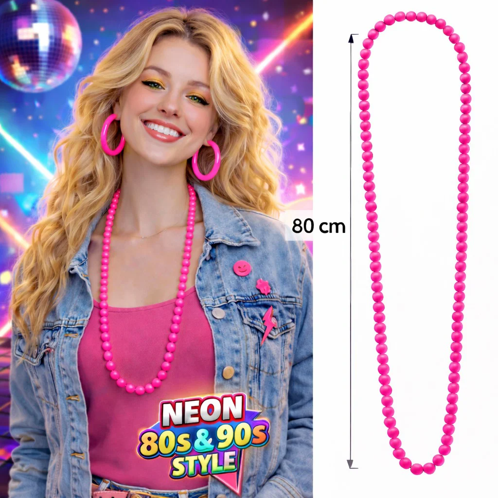 Neon Pembe Boncuk Kolye 80 cm – Retro 80'ler 90'lar Parti Aksesuarı