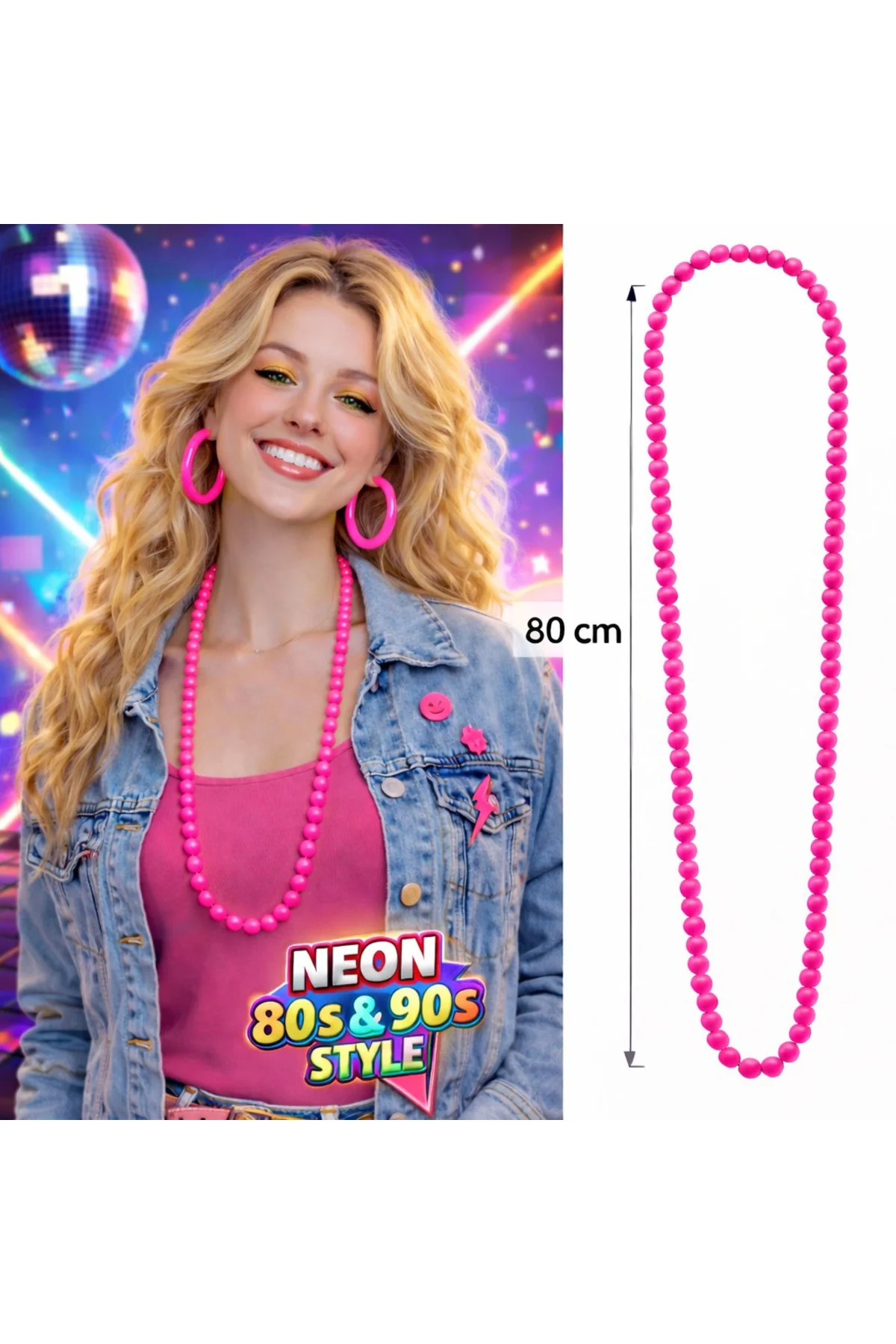 Neon Pembe Boncuk Kolye 80 Cm – 80’Ler 90’Lar Parti Aksesuarı