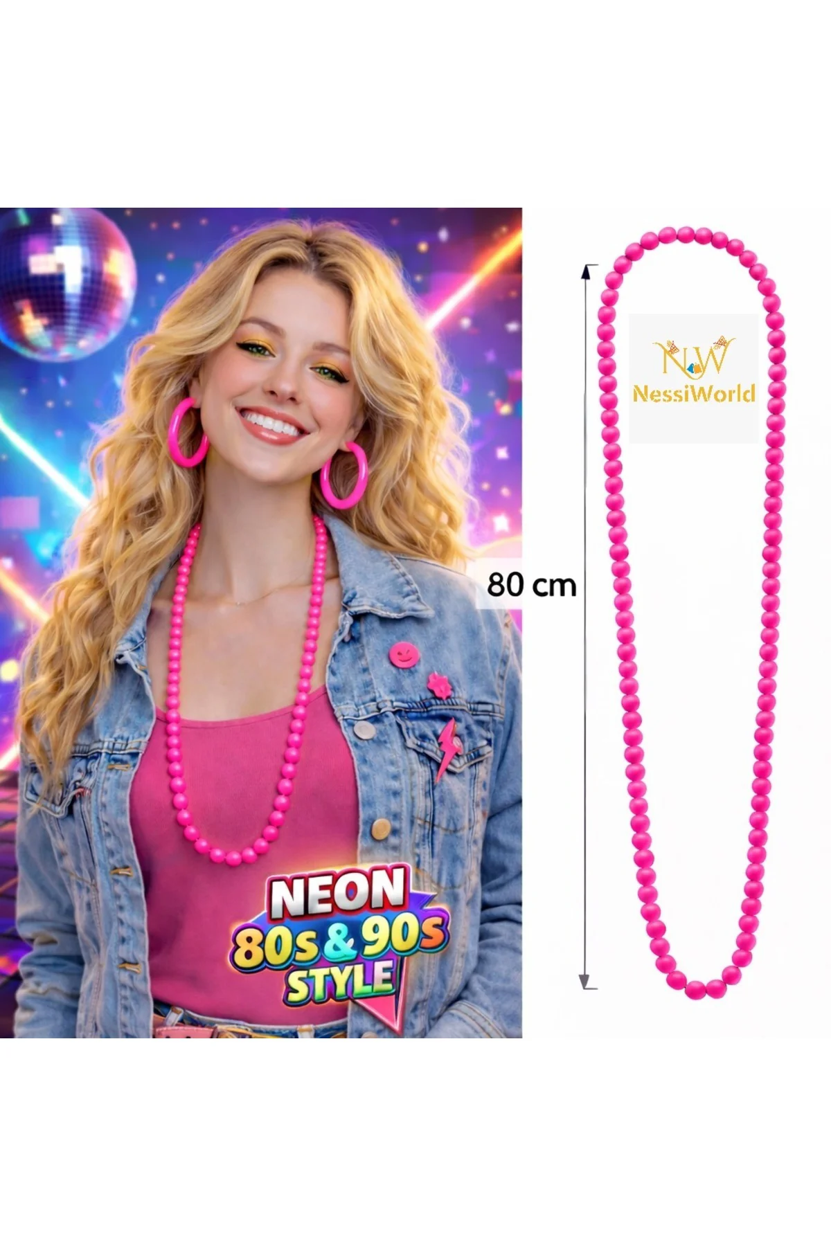 Neon Pembe Boncuk Kolye 80 cm – Retro 80’ler 90’lar Parti Aksesuarı
