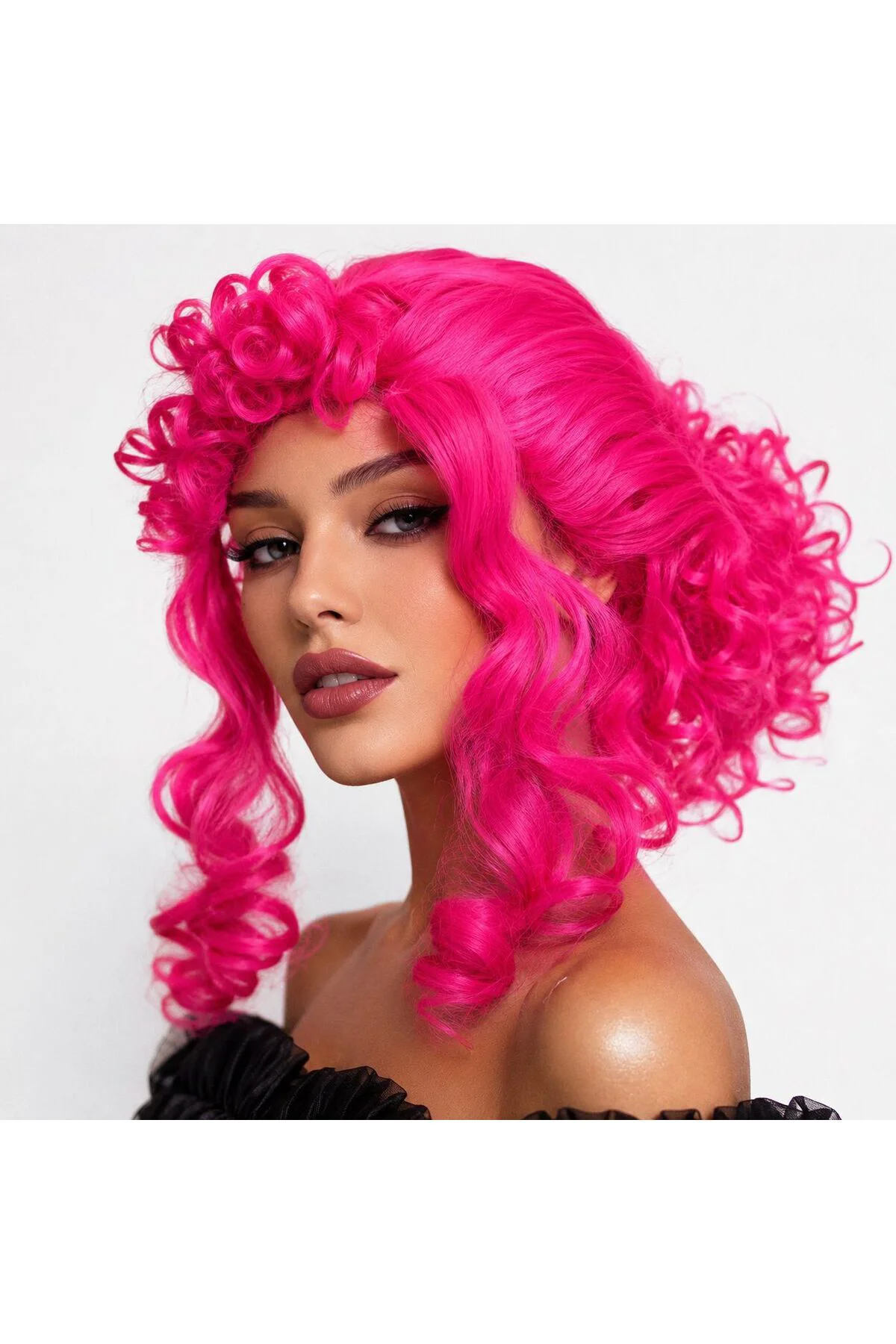 Neon Pembe Bukleli Kıvırcık Cosplay Peruğu - İçi Astarlı Neon Pembe Bukleli Kıvırcık Cosplay Peruğu - İçi Astarlı