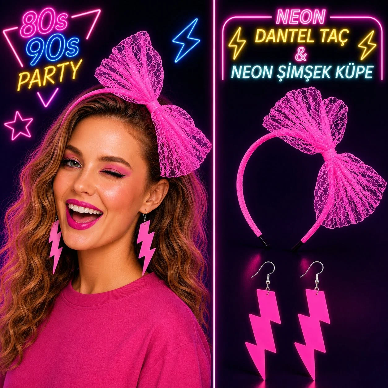 Neon Pembe Dantel Taç Ve Şimşek Küpe 80'ler 90'lar Parti Seti