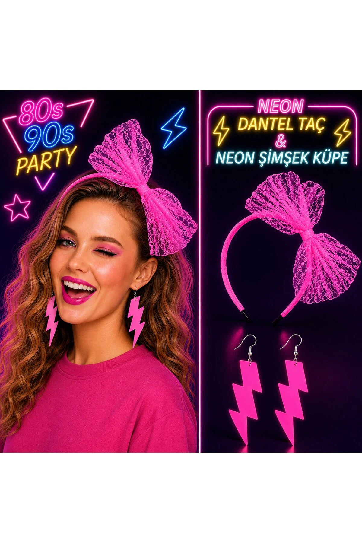 Neon Pembe Dantel Taç ve Şimşek Küpe 80'ler 90'lar Parti Seti Neon Pembe Dantel Taç ve Şimşek Küpe 80'ler 90'lar Parti Seti