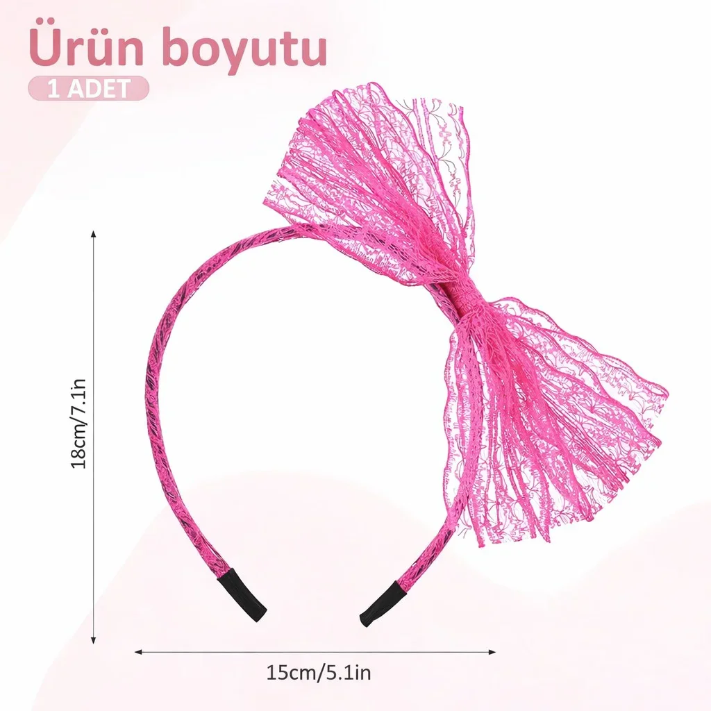Neon Pembe Dantel Taç – 80'ler 90'lar Fiyonklu Parti Saç Bandı - Görsel 3
