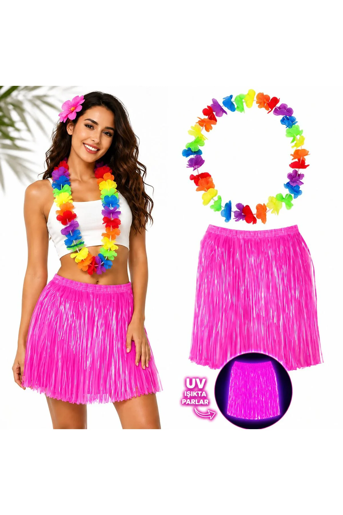 Neon Pembe Hawaii Etek 40 cm ve Rengarenk Hawaii Kolye