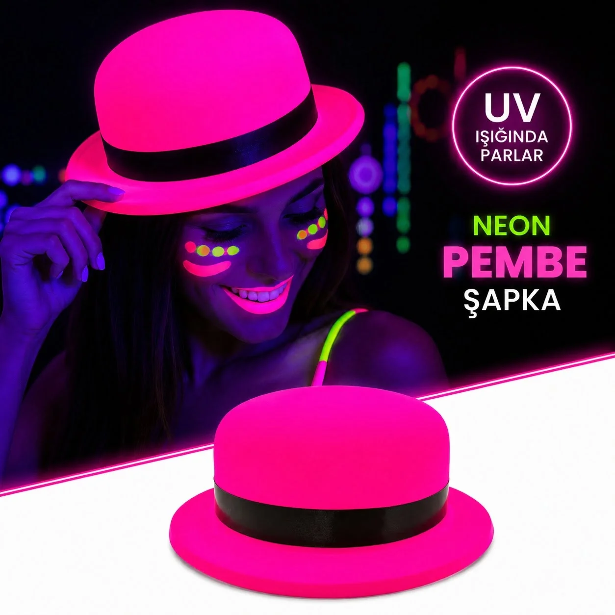 Neon Pembe UV Parti Şapkası Plastik