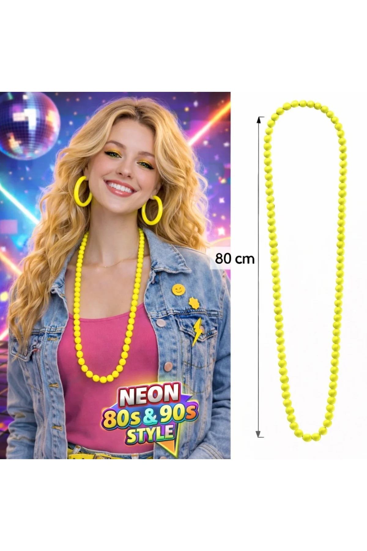 Neon Sarı Boncuk Kolye 80 cm – Retro 80’ler 90’lar Parti Aksesuarı