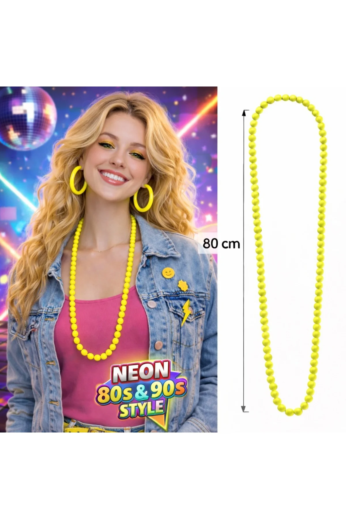 Neon Sarı Boncuk Kolye 80 cm – Retro 80’ler 90’lar Parti Aksesuarı