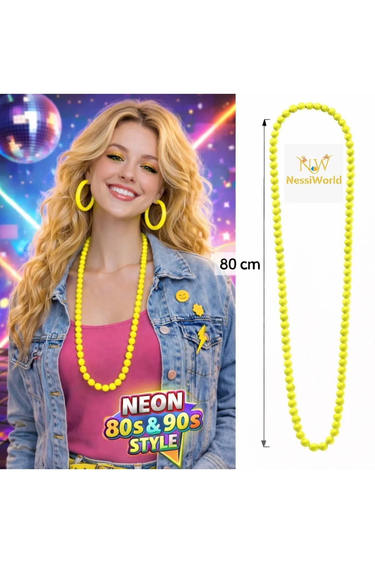 Neon Sarı Boncuk Kolye 80 cm – Retro 80’ler 90’lar Parti Aksesuarı