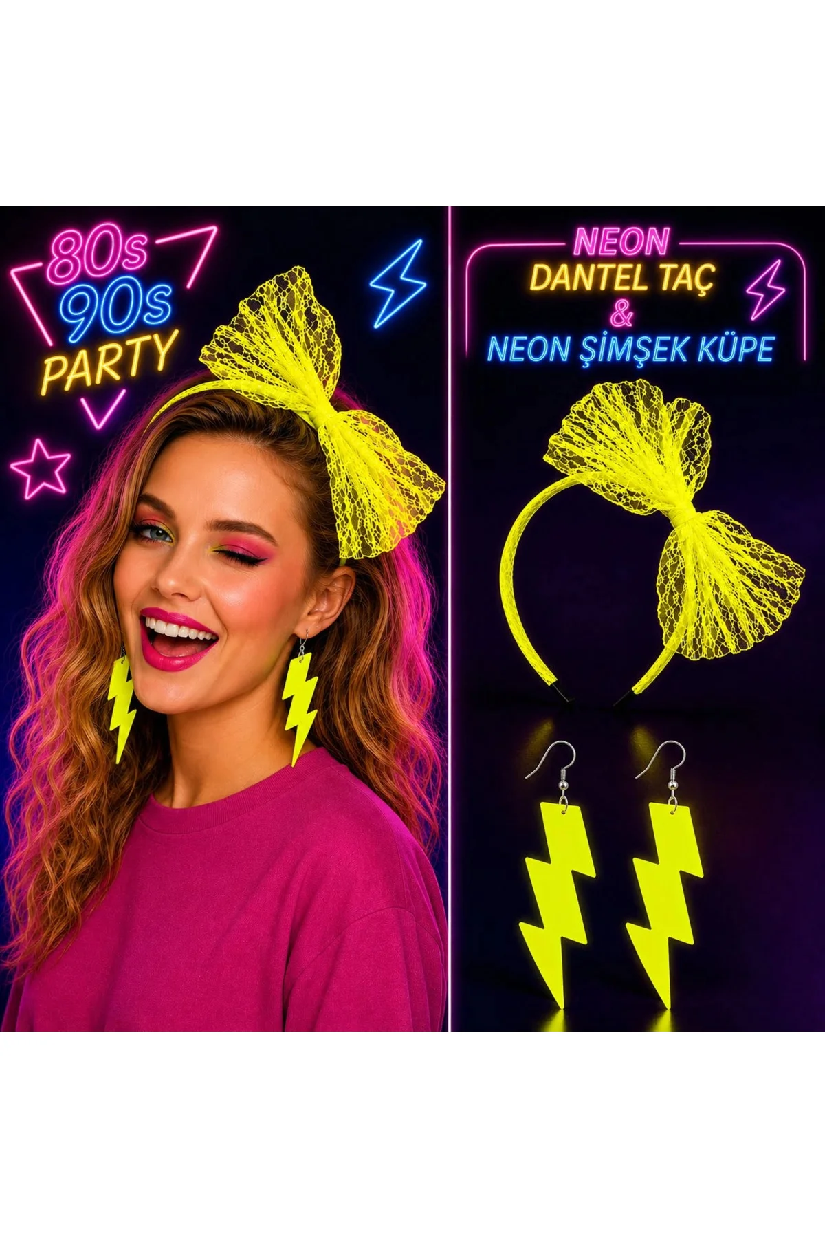 Neon Sarı Dantel Taç Ve Şimşek Küpe 80'ler 90'lar Parti Seti RSIEG430-CC84 Neon Sarı Dantel Taç Ve Şimşek Küpe 80'ler 90'lar Parti Seti RSIEG430-CC84