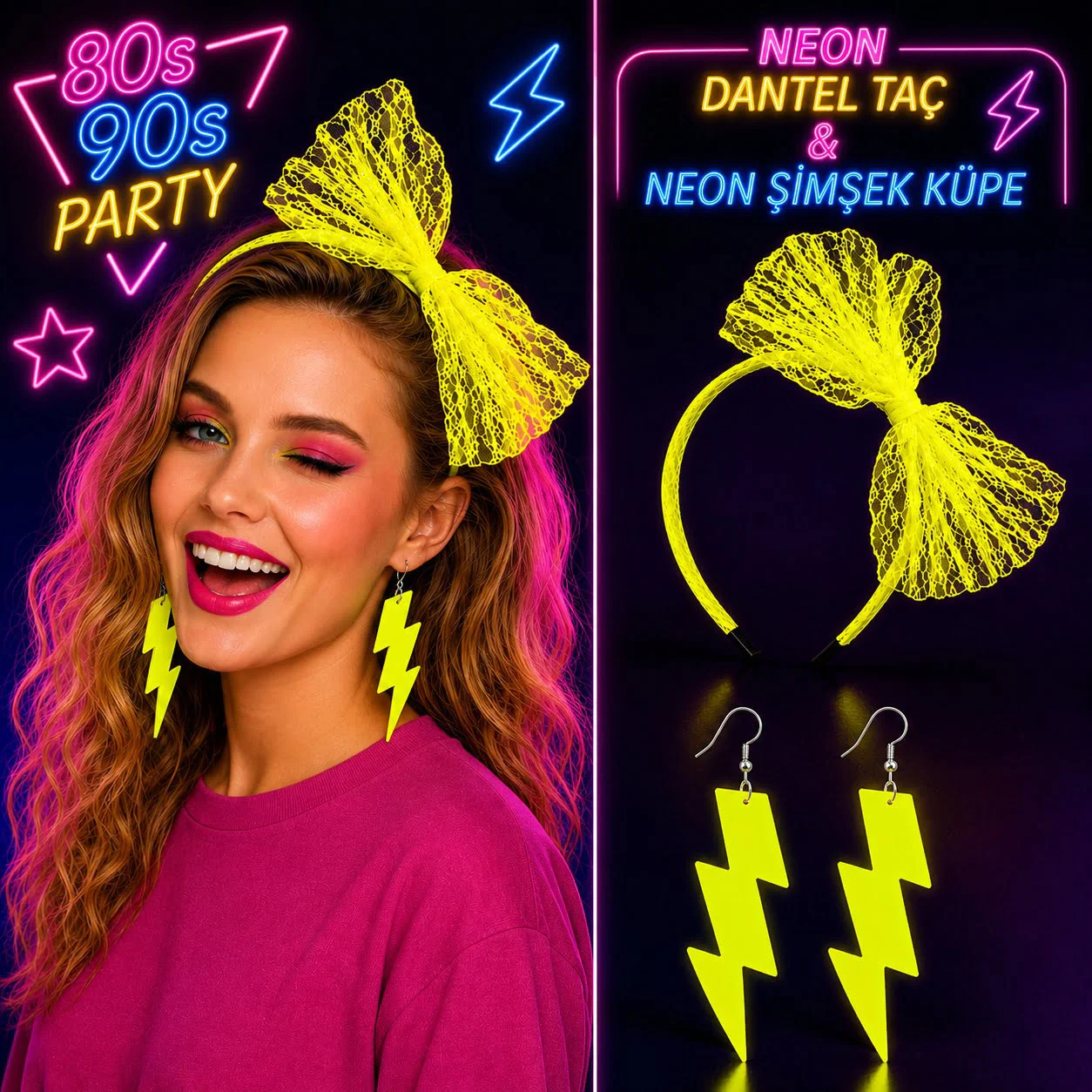 Neon Sarı Dantel Taç ve Şimşek Küpe 80&amp;#39;ler 90&amp;#39;lar Parti Seti