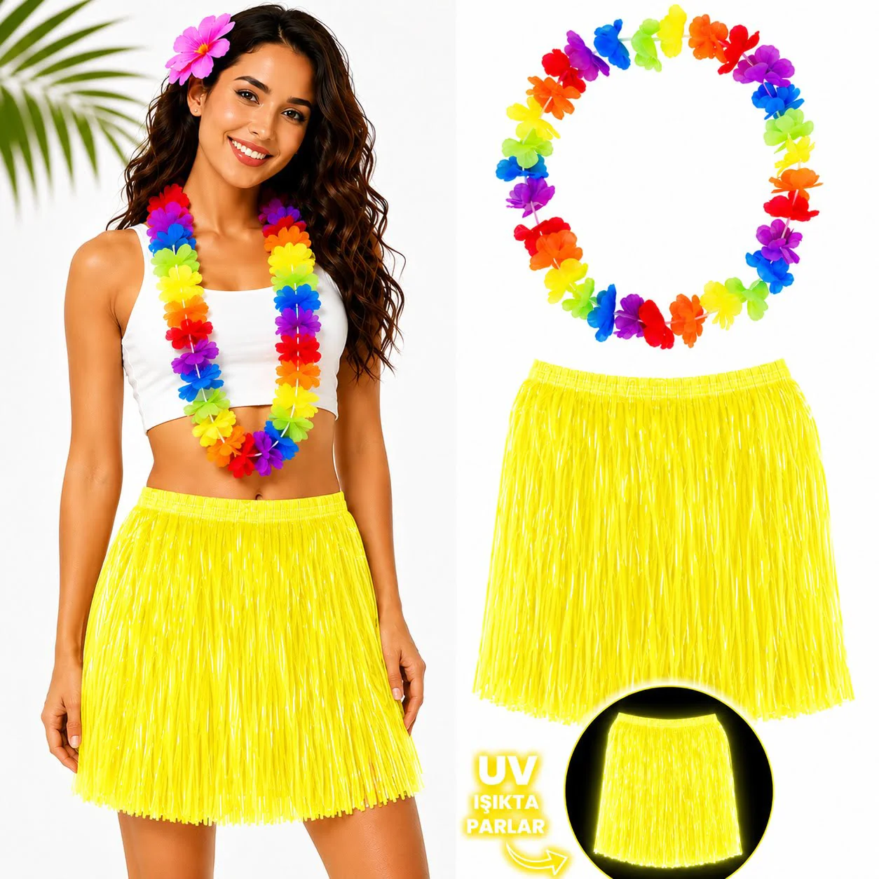 Neon Sarı Hawaii Etek 40 cm ve Rengarenk Hawaii Kolye Neon Sarı Hawaii Etek 40 cm ve Rengarenk Hawaii Kolye