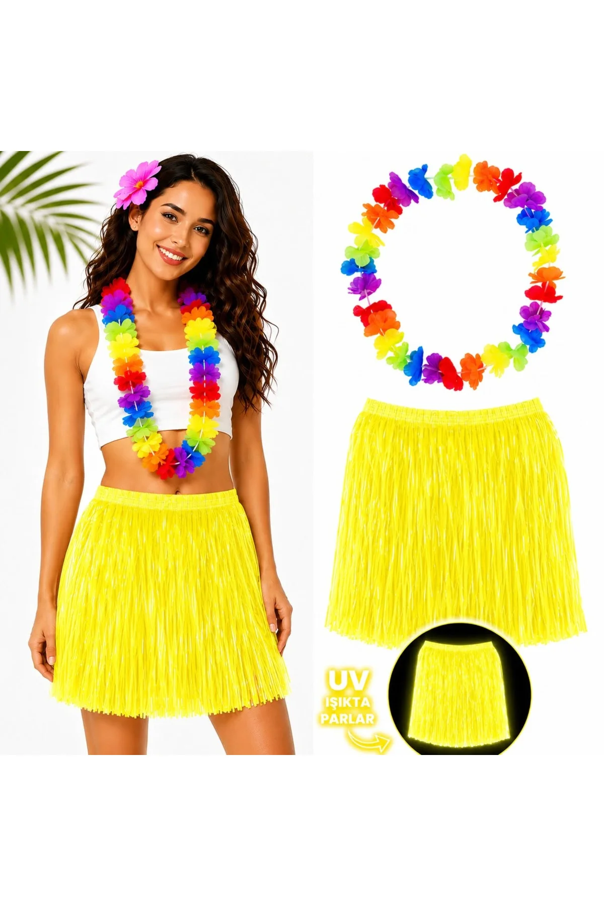 Neon Sarı Hawaii Etek 40 cm ve Rengarenk Hawaii Kolye