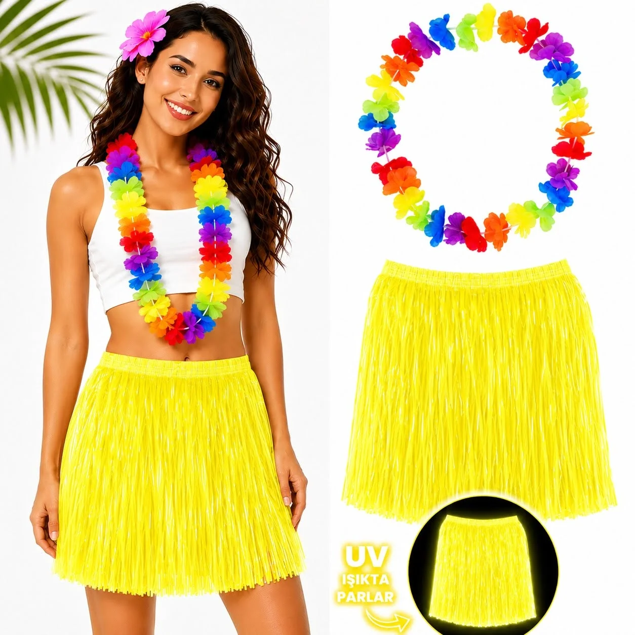 Neon Sarı Hawaii Etek 40 cm ve Rengarenk Hawaii Kolye