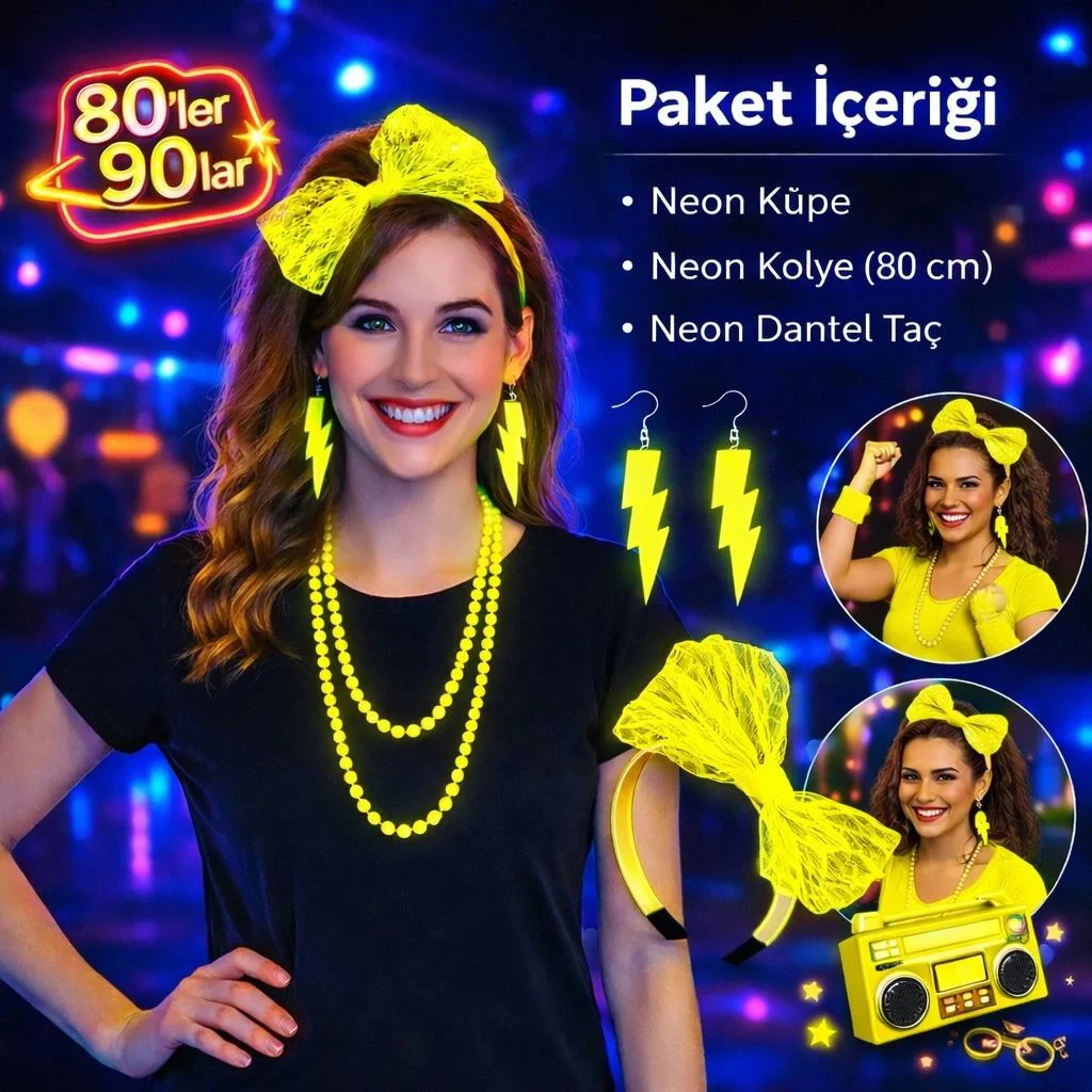 Neon Sarı Parti Seti – Kolye Küpe Taç | 80'ler 90'lar Konsept Aksesuar Fiyatı, Yorumları ve Özellikleri