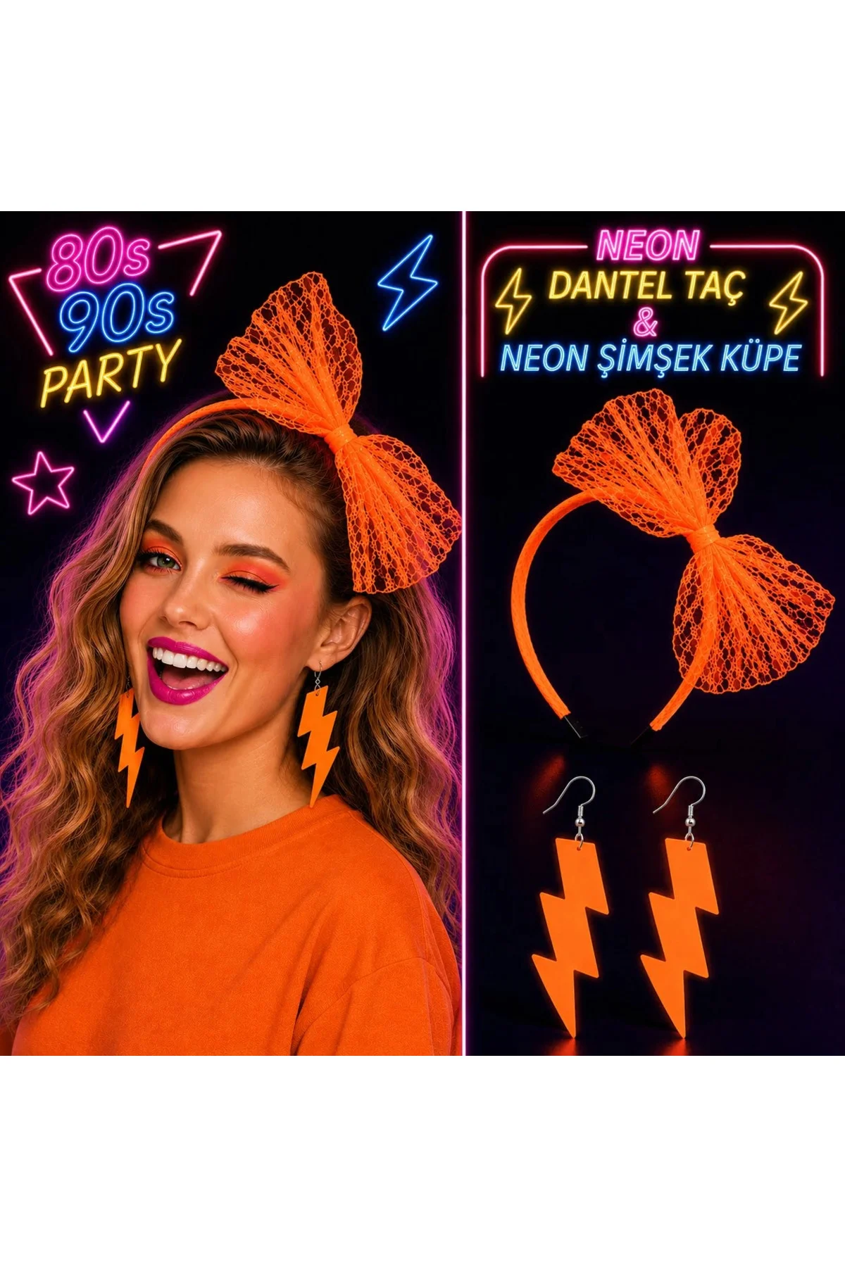 Neon Tcu Dantel Taç Şimşek Küpe 80&A;#39;Ler 90&A;#39;Lar Pi Seti