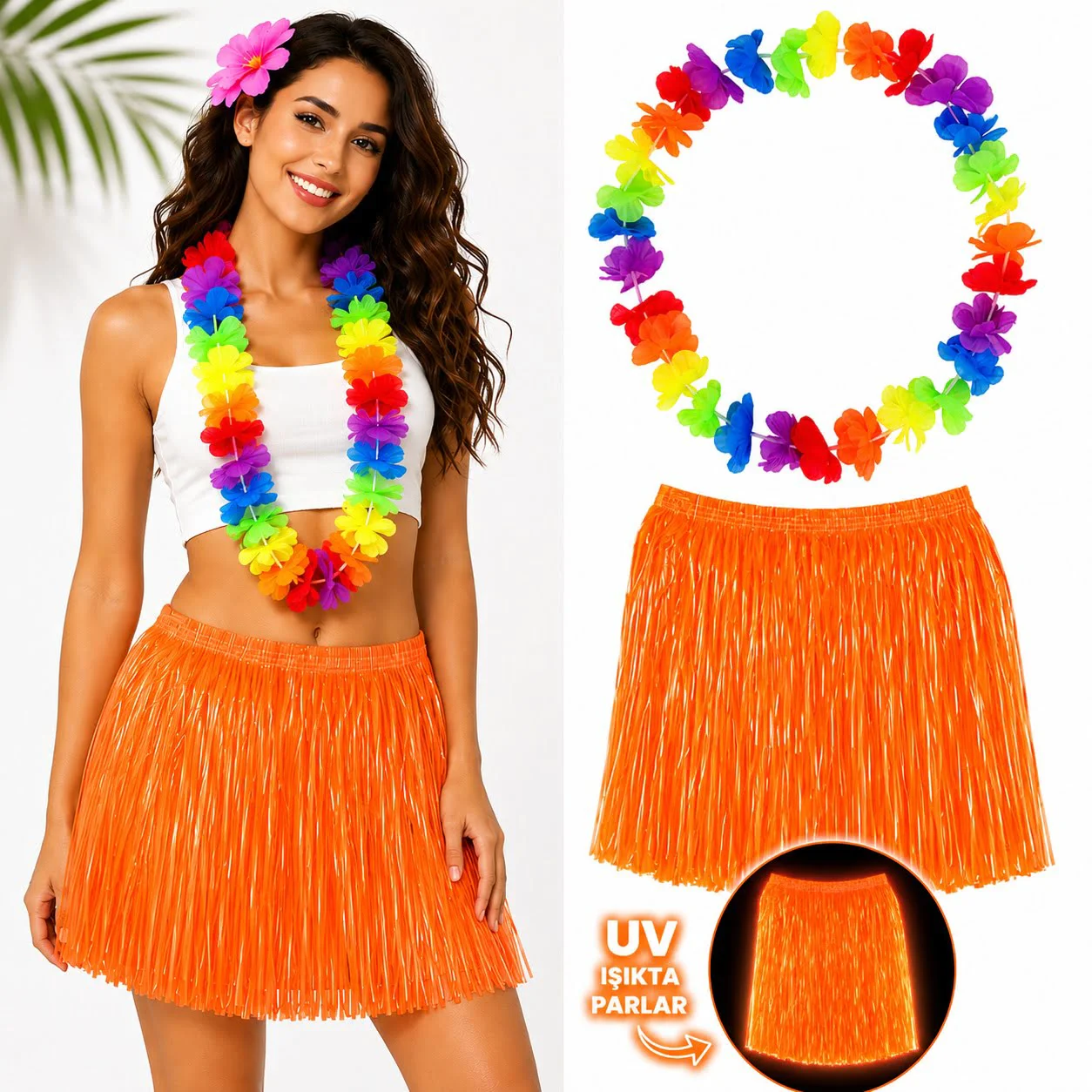 Neon Tcu Hawaii Etek 40 cm ve Rengarenk Hawaii Kolye