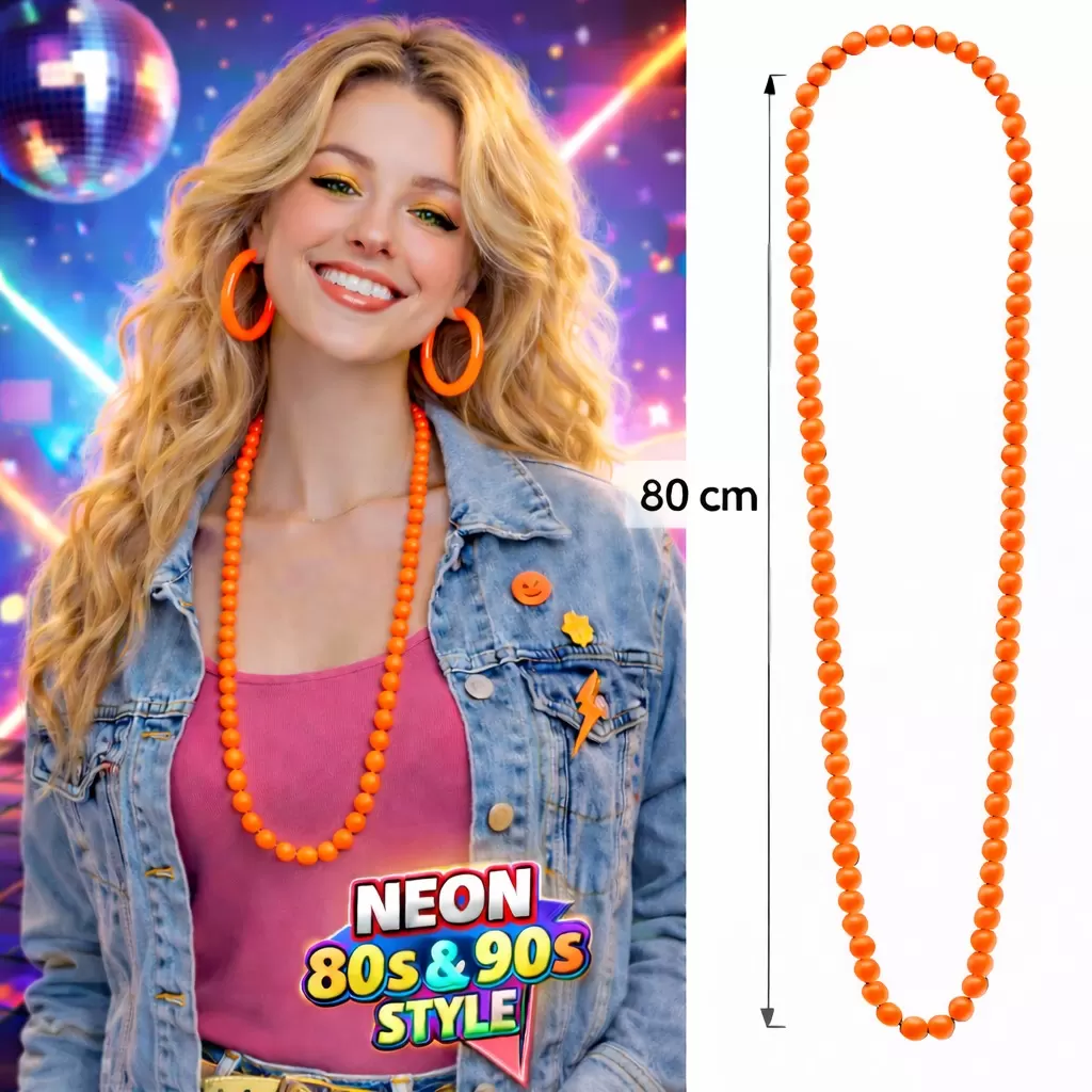 Retro Neon Turuncu Boncuk Kolye 80 cm Parti Aksesuarı