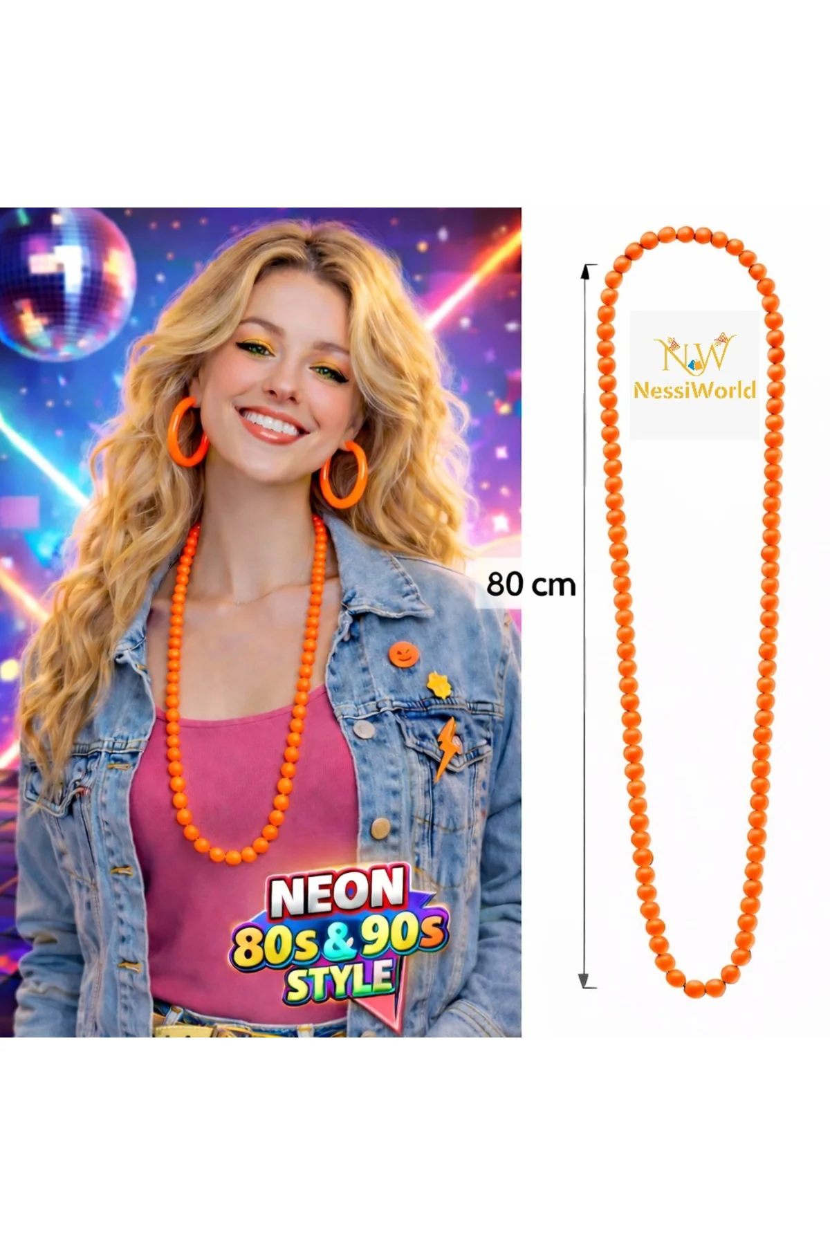 Neon Turuncu Boncuk Kolye 80 cm – Retro 80’ler 90’lar Parti Aksesuarı
