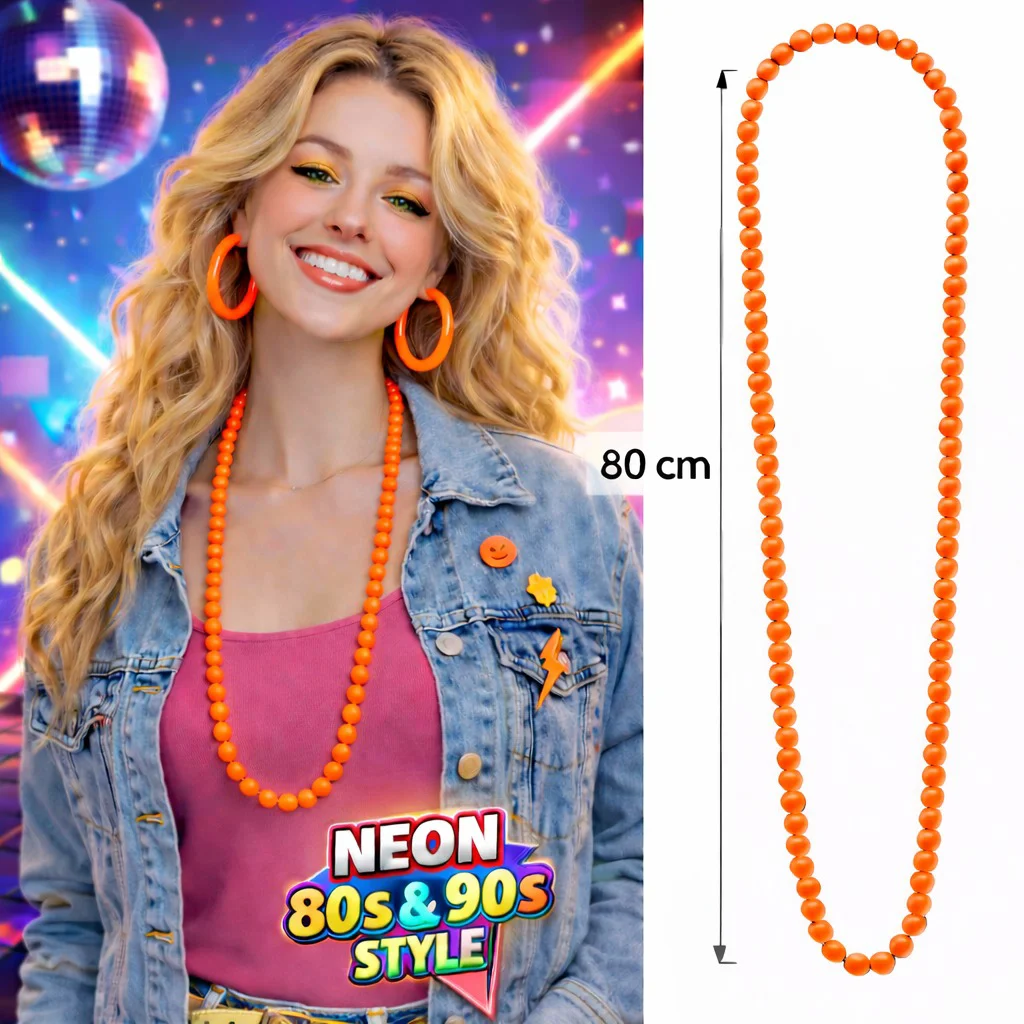 Neon Turuncu Boncuk Kolye – 80 cm Retro Parti Aksesuarı