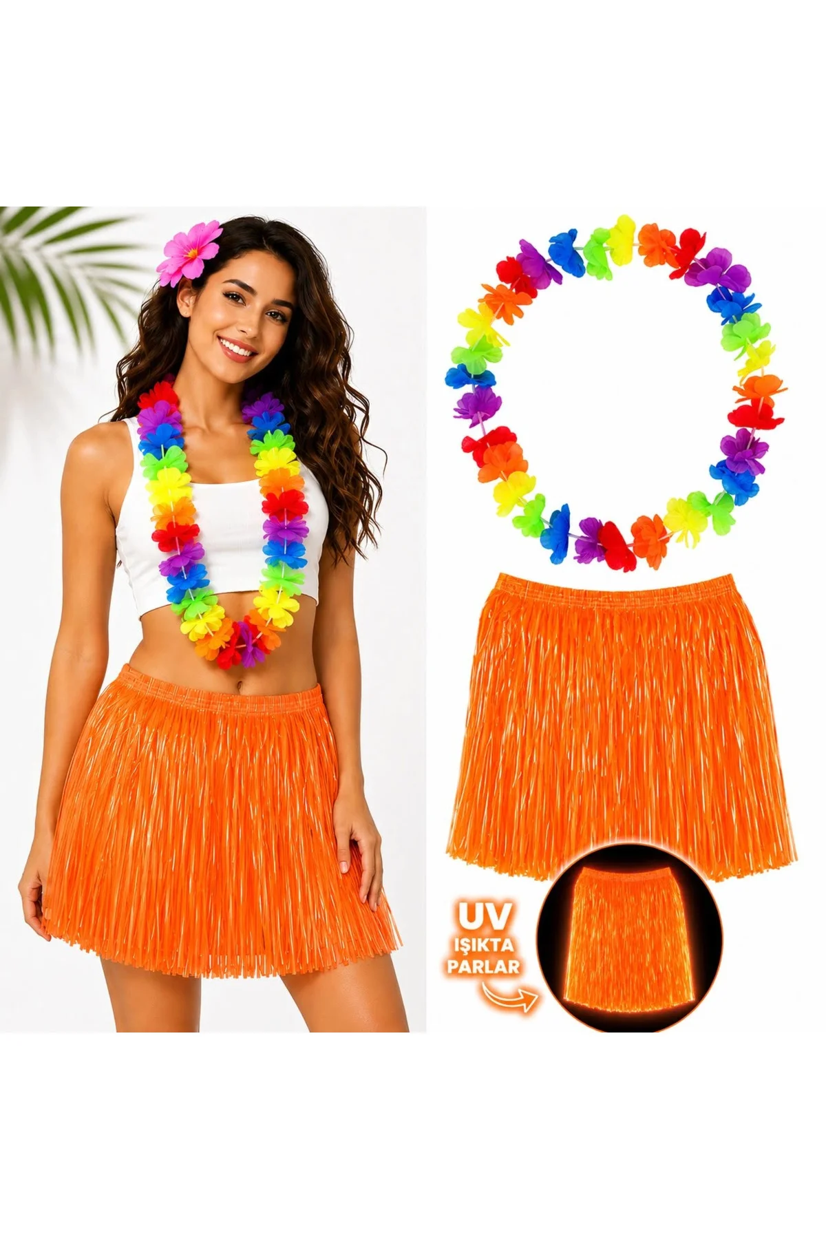 Neon Turuncu Hawaii Etek 40 cm ve Rengarenk Hawaii Kolye
