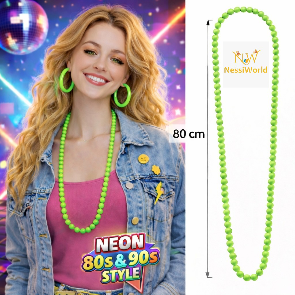 Neon Yeşil Boncuk Kolye 80 cm – Retro 80’ler 90’lar Parti Aksesua