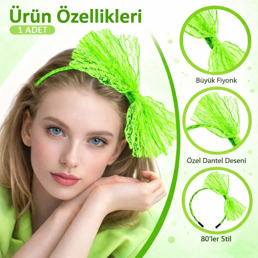 Neon Yeşil Dantel Taç Fiyonklu – 80'ler 90'lar Parti Saç Bandı