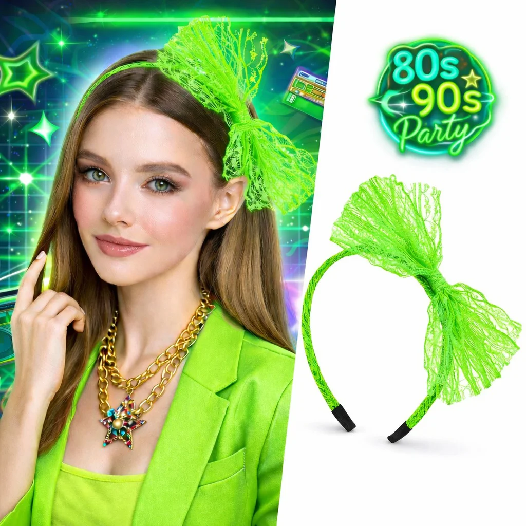Neon Yeşil Dantel Taç Fiyonklu – 80'ler 90'lar Parti Saç Bandı